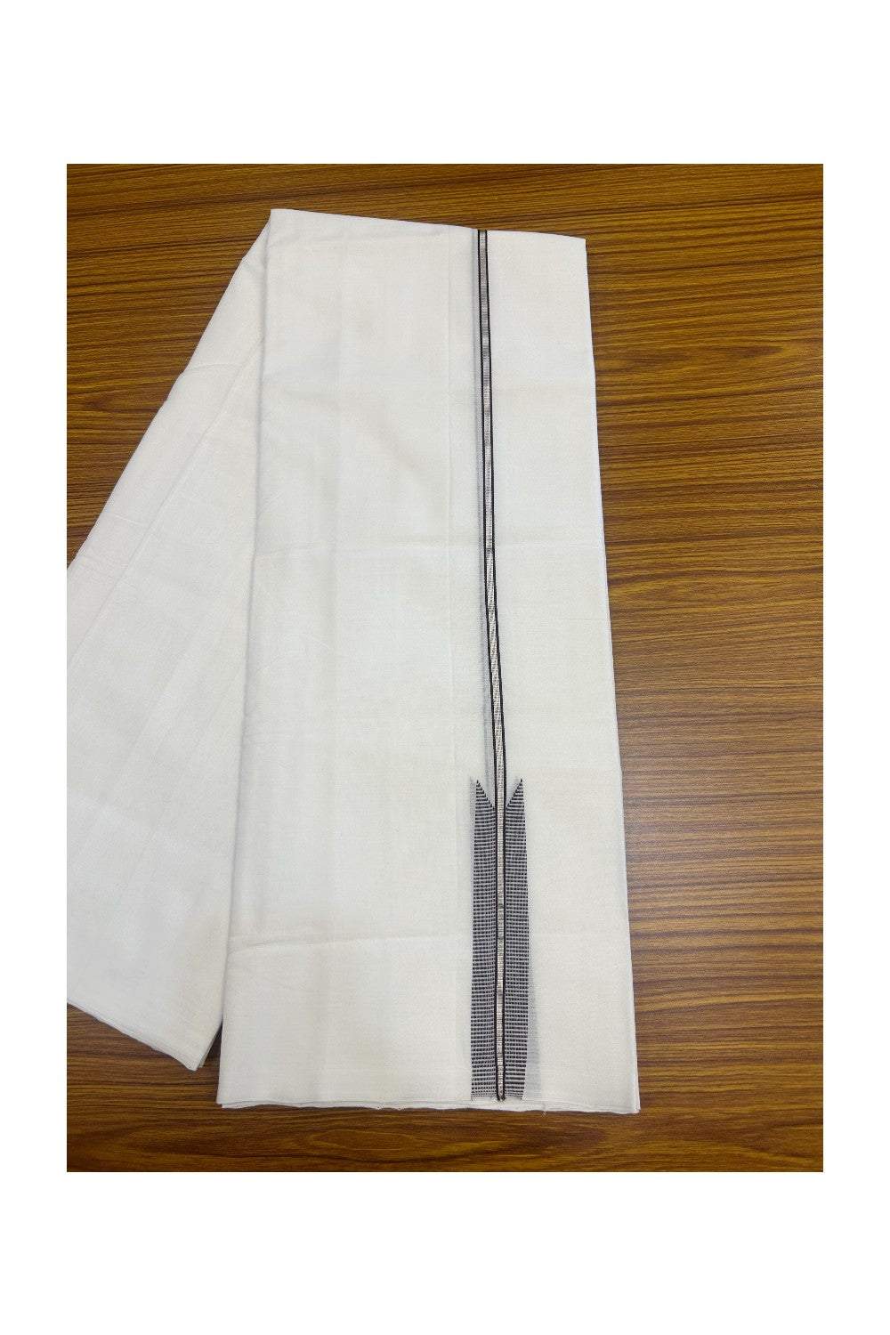 25% Discount! NEW ULTRA PURE WHITE HANDLOOM Balaramapuram - 100% Mercerised Cotton Double Mundu/Dhoti - 120(Twisted) x 80 - 1 inch Silver Kasavu Dark Brown chutty - 44KK5167REA