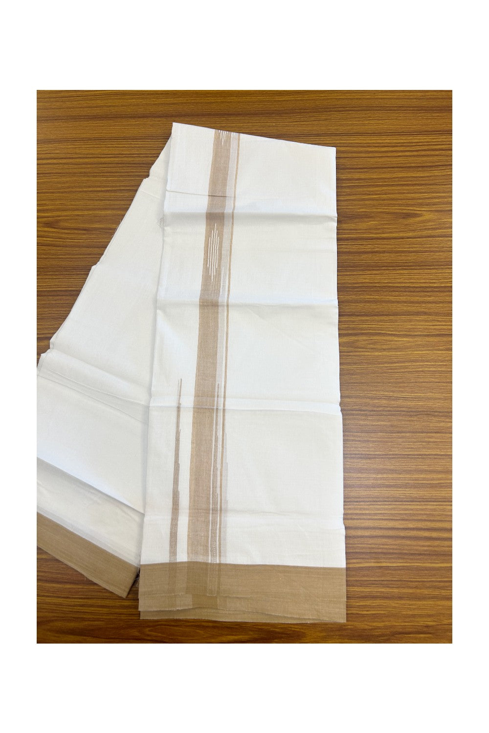 27% DISCOUNT!!! KaithariKada Balaramapuram 100% Cotton Double PURE white Mundu/Dhoti - 80X80 - 2.25 Inch Sand Brown shaded Centre stripes Putta Chutty kara - 45KK5074THI