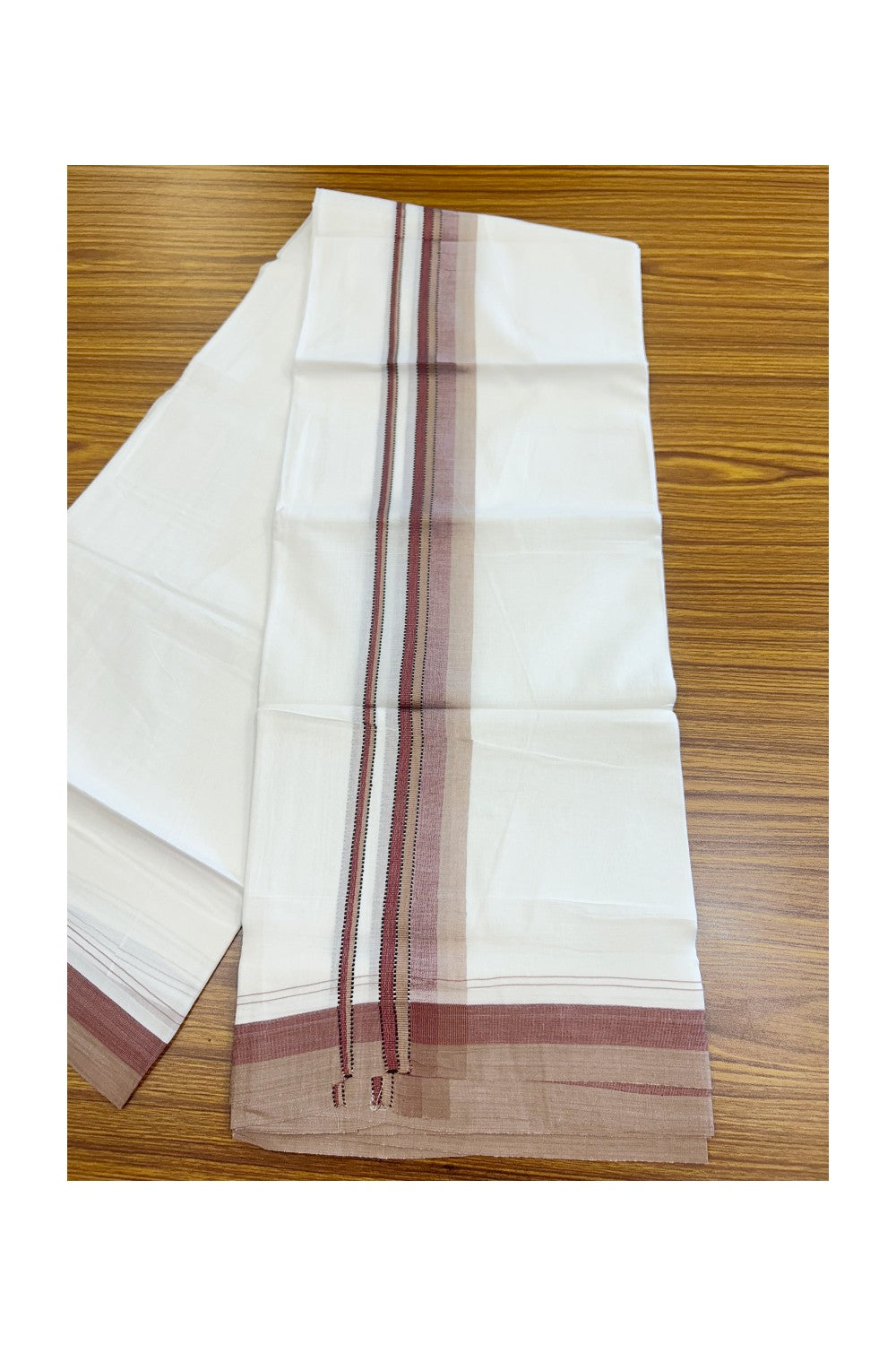 20% Discount ! Kaitharikada Balaramapuram 100% Cotton PURE WHITE Double Mundu/Dothi - 100x80 - 1 inch Brown & Maroon Shaded Striped Kara - 45KK5182VAS
