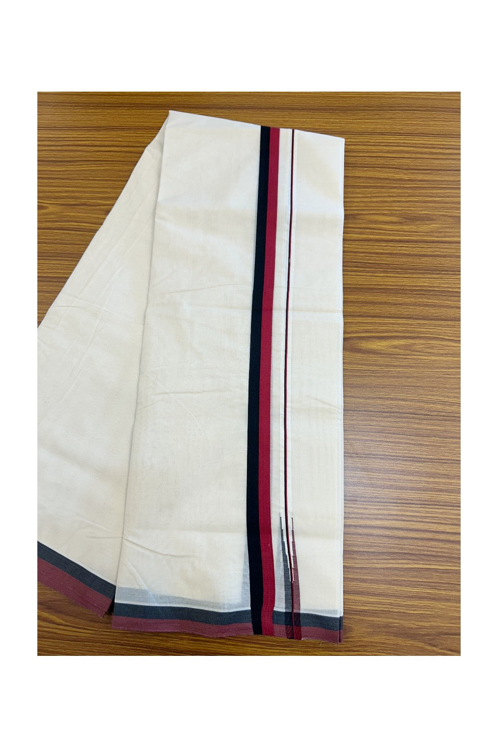 DMK Veshti - 20% DISCOUNT! KaithariKada 100% Cotton off white Double - (Unbleached) Mundu/Dhoti - 100X100 - 1 inch Puliyilakkara Black &  Light Maroon Chutty kara - 45KK5218ASH