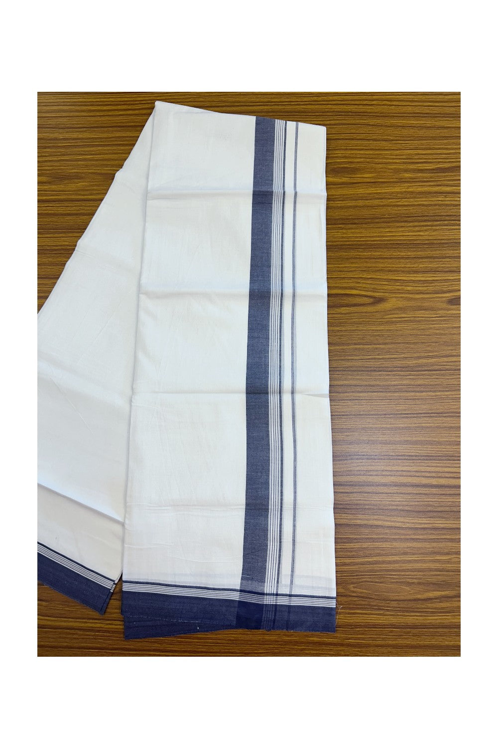 20% Discount ! Kaitharikada Balaramapuram 100% Cotton PURE WHITE Double Mundu/Dothi - 100x80 - 1.5 inch Navy Blue Striped Kara 3.75 mtr (8 muzham) - 45KK5220 THI