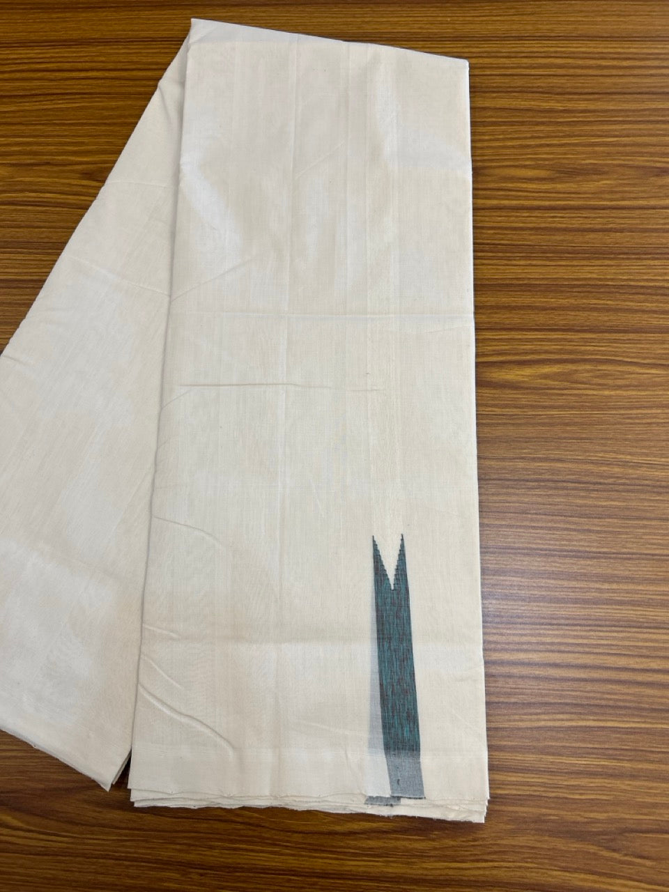 25% DISCOUNT!! KaithariKada HANDLOOM  UNAKKUPAAV Balaramapuram - 100% PURE Cotton OFF White - (Unbleached) Double Mundu/Dothi - 120 x 100 - 1 inch Chutty Black Turquoise Kara 4 meter - 45 KK5249 REA
