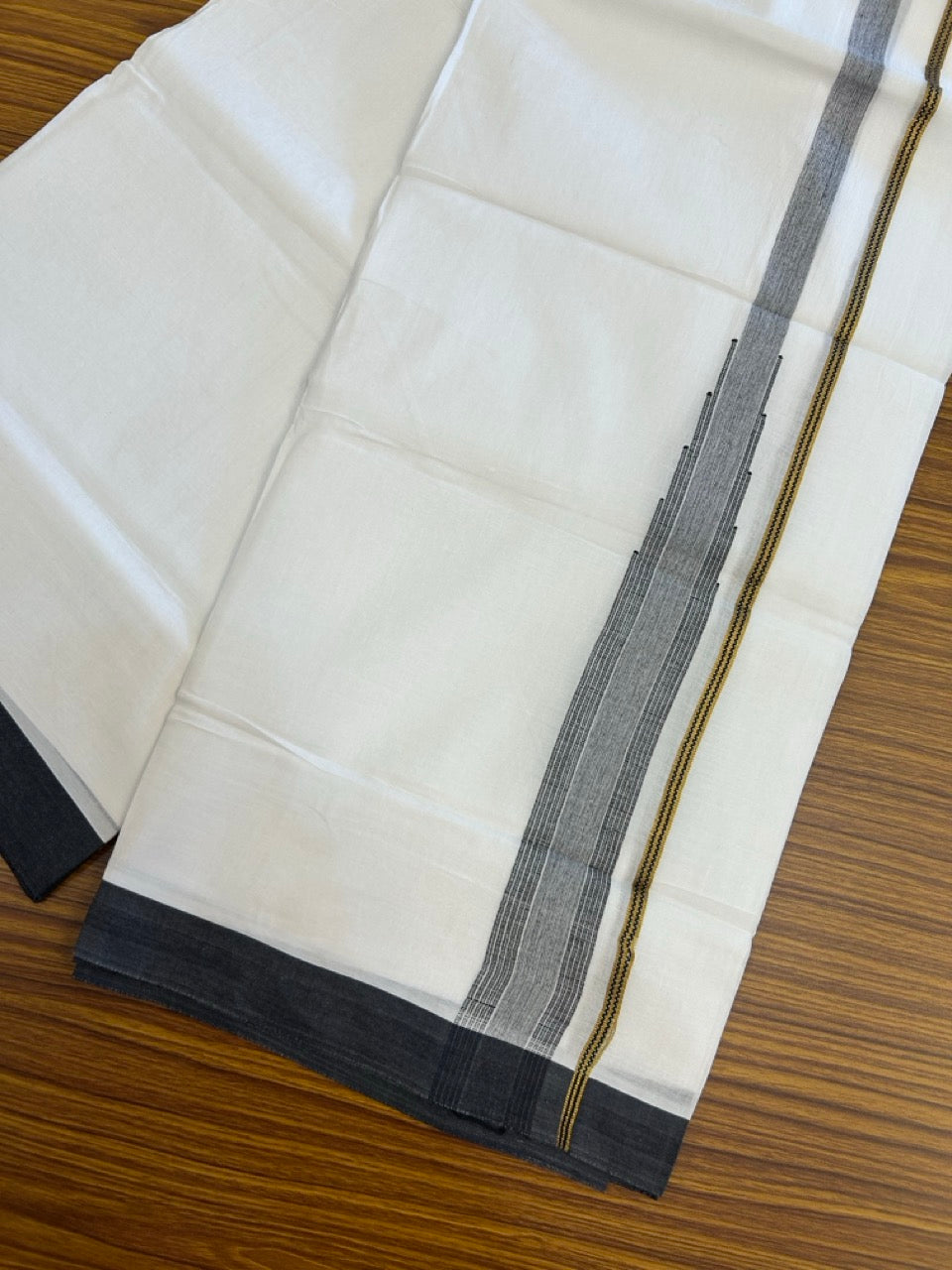 24% Discount! KaithariKada Balaramapuram 100% Cotton Pure white Double Mundu/Dhoti - (100x80)s - 1.5 inch Puliyilakkara Black Stripes Chutty Gold Kasav - 45 KK5258 THI