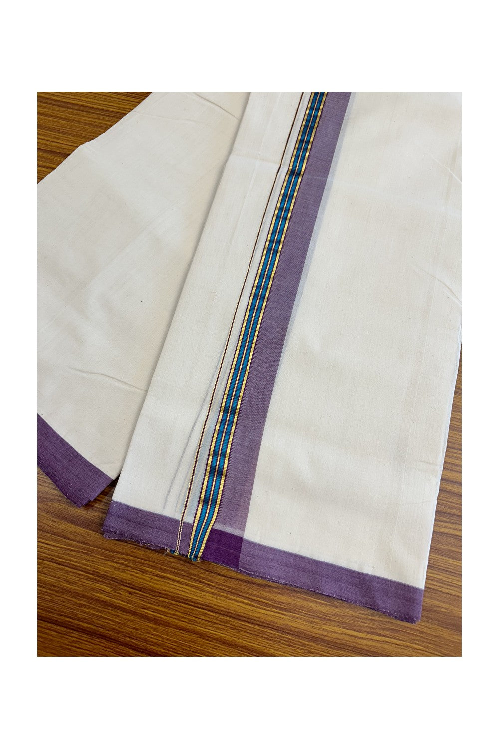 25% DISCOUNT!! KaithariKada HANDLOOM Millpaav Balaramapuram - 100% PURE Cotton OFF White Double - (Unbleached) Mundu/Dothi - 2 inch VIOLET & GOLD KASAVU PEACOCK BLUE Stripes Kara - 45KK5029RAM