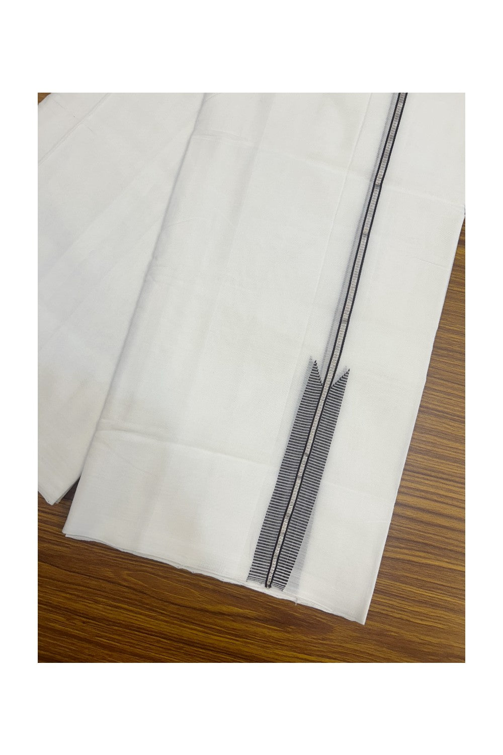 25% Discount! NEW ULTRA PURE WHITE HANDLOOM Balaramapuram - 100% Mercerised Cotton Double Mundu/Dhoti - 120(Twisted) x 80 - 1 inch Silver Kasavu Dark Brown chutty - 44KK5167REA