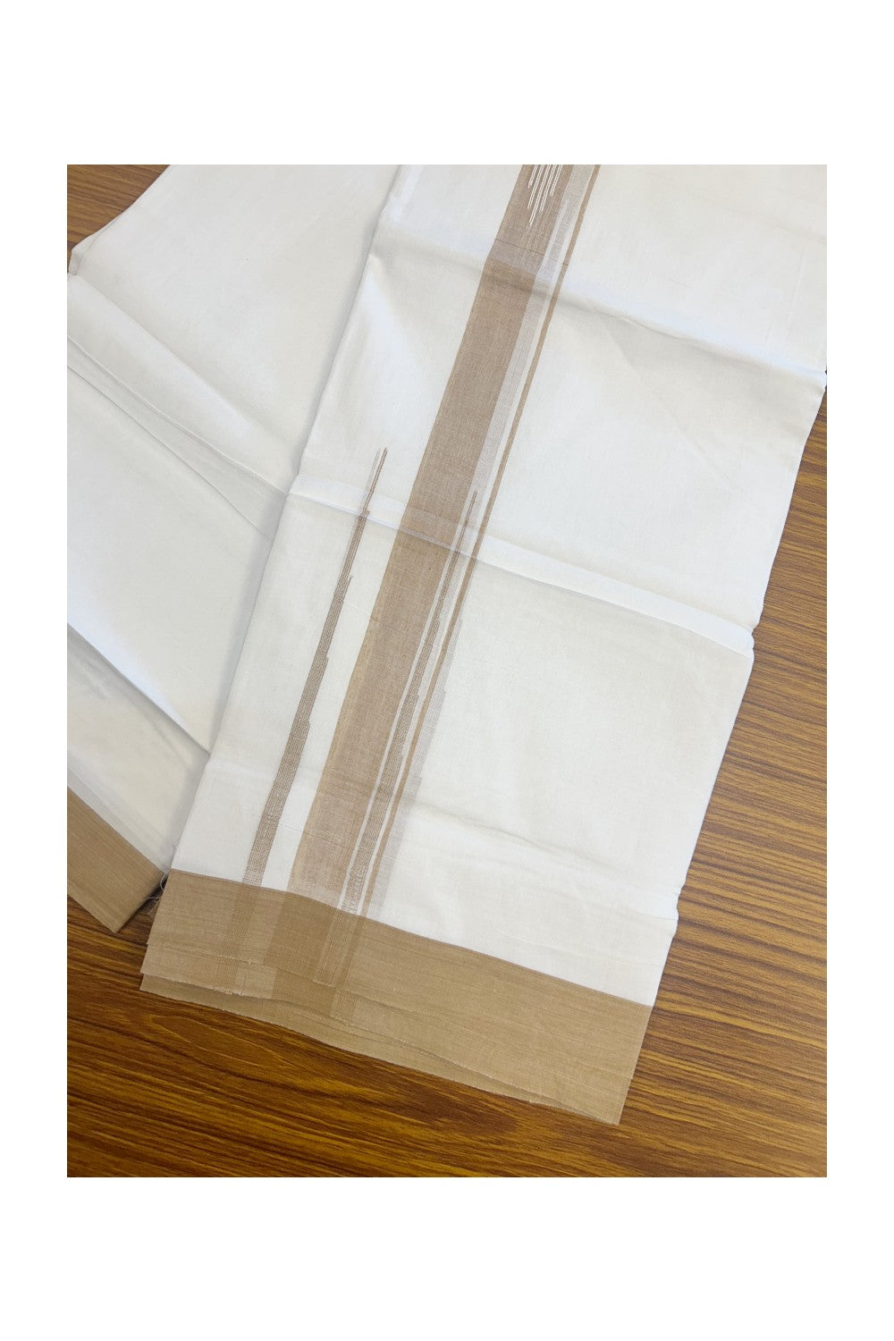 27% DISCOUNT!!! KaithariKada Balaramapuram 100% Cotton Double PURE white Mundu/Dhoti - 80X80 - 2.25 Inch Sand Brown shaded Centre stripes Putta Chutty kara - 45KK5074THI