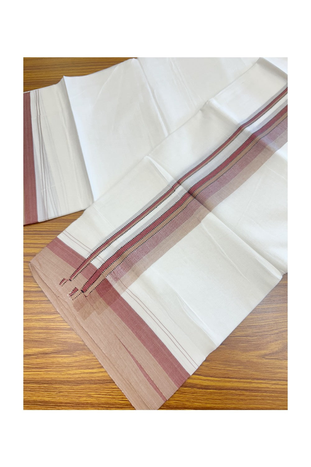 20% Discount ! Kaitharikada Balaramapuram 100% Cotton PURE WHITE Double Mundu/Dothi - 100x80 - 1 inch Brown & Maroon Shaded Striped Kara - 45KK5182VAS
