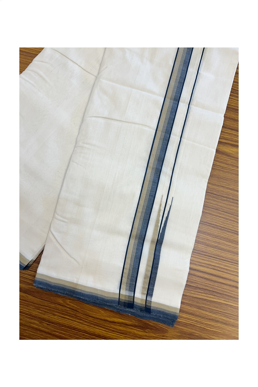 25% DISCOUNT!! KaithariKada HANDLOOM  UNAKKUPAAV Balaramapuram - 100% PURE Cotton OFF White - (Unbleached) Double Mundu/Dothi - 80X100 - 1 inch Puliyilakkara Peacock blue & pastel Olive Green chutty Kara 3.80 meter (8.5 Muzham) - 45KK5209 REA