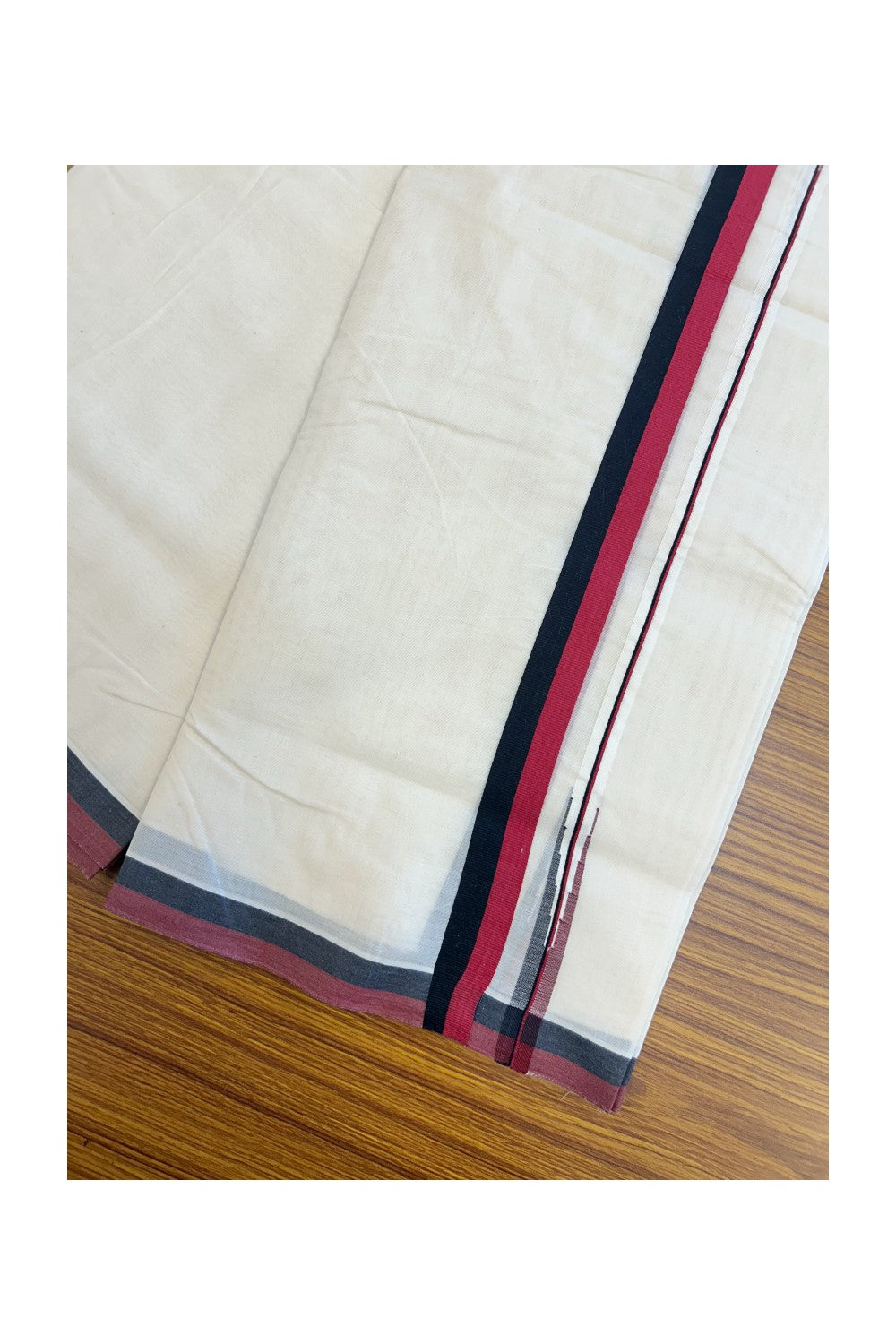 DMK Veshti - 20% DISCOUNT! KaithariKada 100% Cotton off white Double - (Unbleached) Mundu/Dhoti - 100X100 - 1 inch Puliyilakkara Black &  Light Maroon Chutty kara - 45KK5218ASH