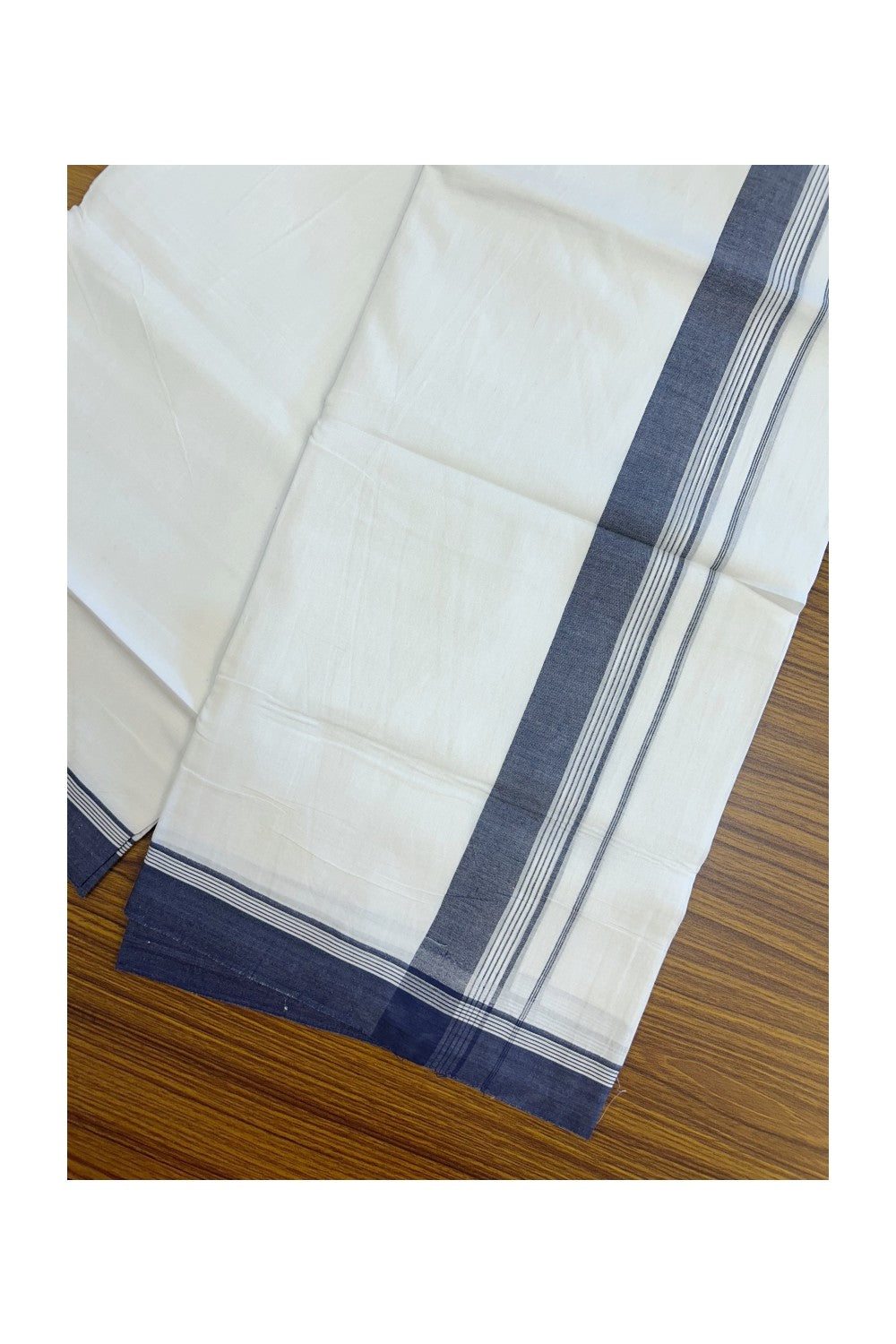 20% Discount ! Kaitharikada Balaramapuram 100% Cotton PURE WHITE Double Mundu/Dothi - 100x80 - 1.5 inch Navy Blue Striped Kara 3.75 mtr (8 muzham) - 45KK5220 THI