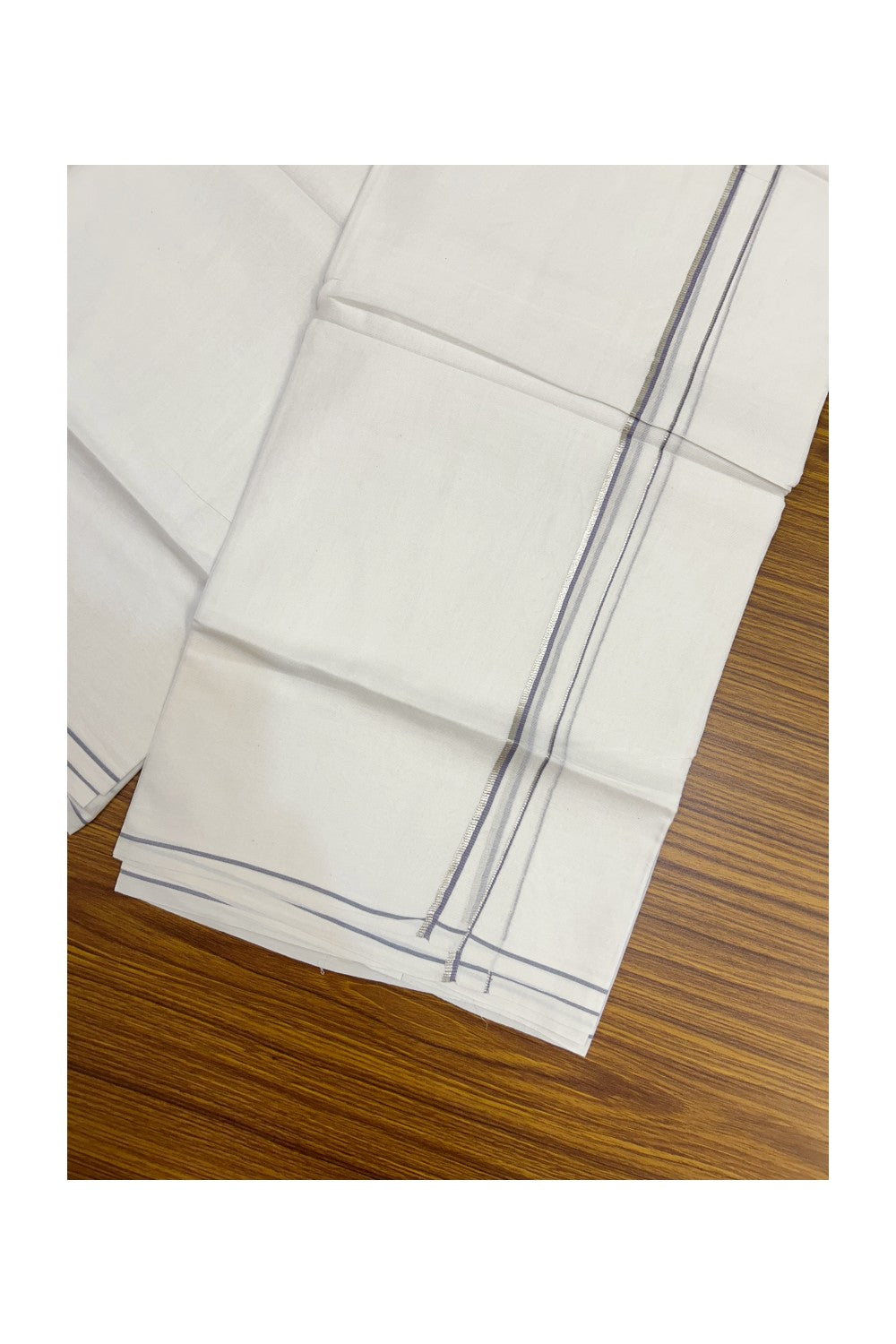 32% DISCOUNT! KaithariKada Balaramapuram 100% Cotton Double Pure white Mundu/Dhoti- 60s - 0.5 cm Silver Kasavu & Lavender Kara - 3.90mtr ( 8 muzham) - 45KK5227 PMC
