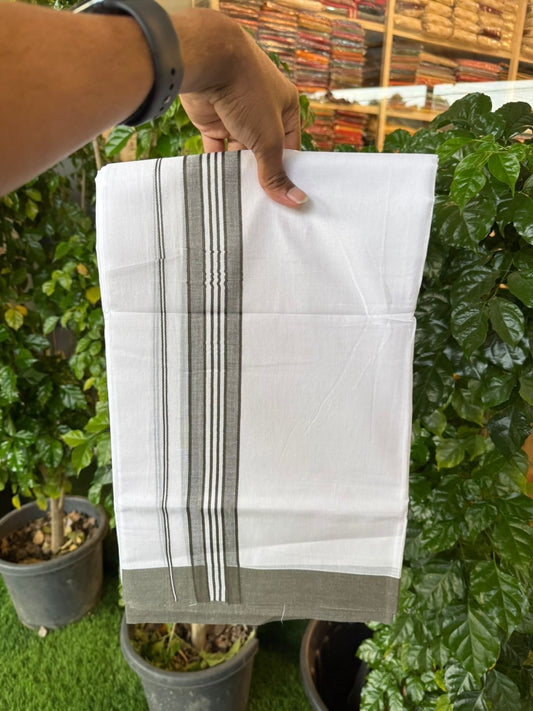 20% Discount ! KaithariKada Balaramapuram 100% Cotton Double Pure white Mundu/Dhoti- 100x80 - 1.75 inch Sage Green shaded striped Kara - 3.90mtr ( 8 muzham) - 29 KK5251 PMC