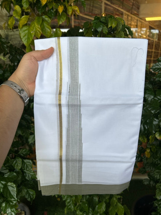 24% Discount! KaithariKada Balaramapuram 100% Cotton Pure white Double Mundu/Dhoti - (100x80)s - 1.5 inch Puliyilakkara Ash Green Stripes Chutty Gold Kasav - 46 KK5258 THI