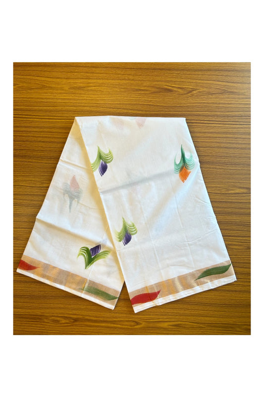 25% Discount!! Kaitharikada Kerala Cotton 12 inch Pallu & Copper Kasavu Flower Painted Design Saree - 46KK303VIN