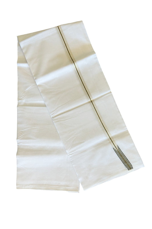20% DISCOUNT!! KaithariKada Balaramapuram 100% Cotton PURE WHITE Double Mundu/Dhoti-100x100  0.5 inch  6 line Puliyilakkara chutty kasavu &  Dark Sage green stripes - 46KK481ASH