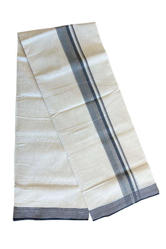 25% DISCOUNT!! KaithariKada HANDLOOM Unakkupaavu Balaramapuram - 100% PURE Cotton OFF White (Unbleached) Double Mundu/Dothi - Silver kasavu Black & white striped kara - 15KK203RAM