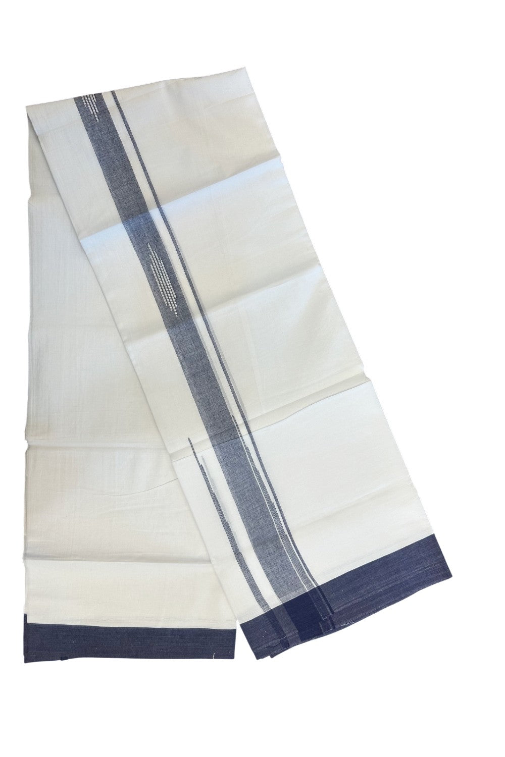 27% DISCOUNT!!! KaithariKada Balaramapuram 100% Cotton Double PURE white Mundu/Dhoti - 80X80 - 2.25 Inch Navy Blue shaded Centre stripes Putta Chutty kara - 46KK5074THI