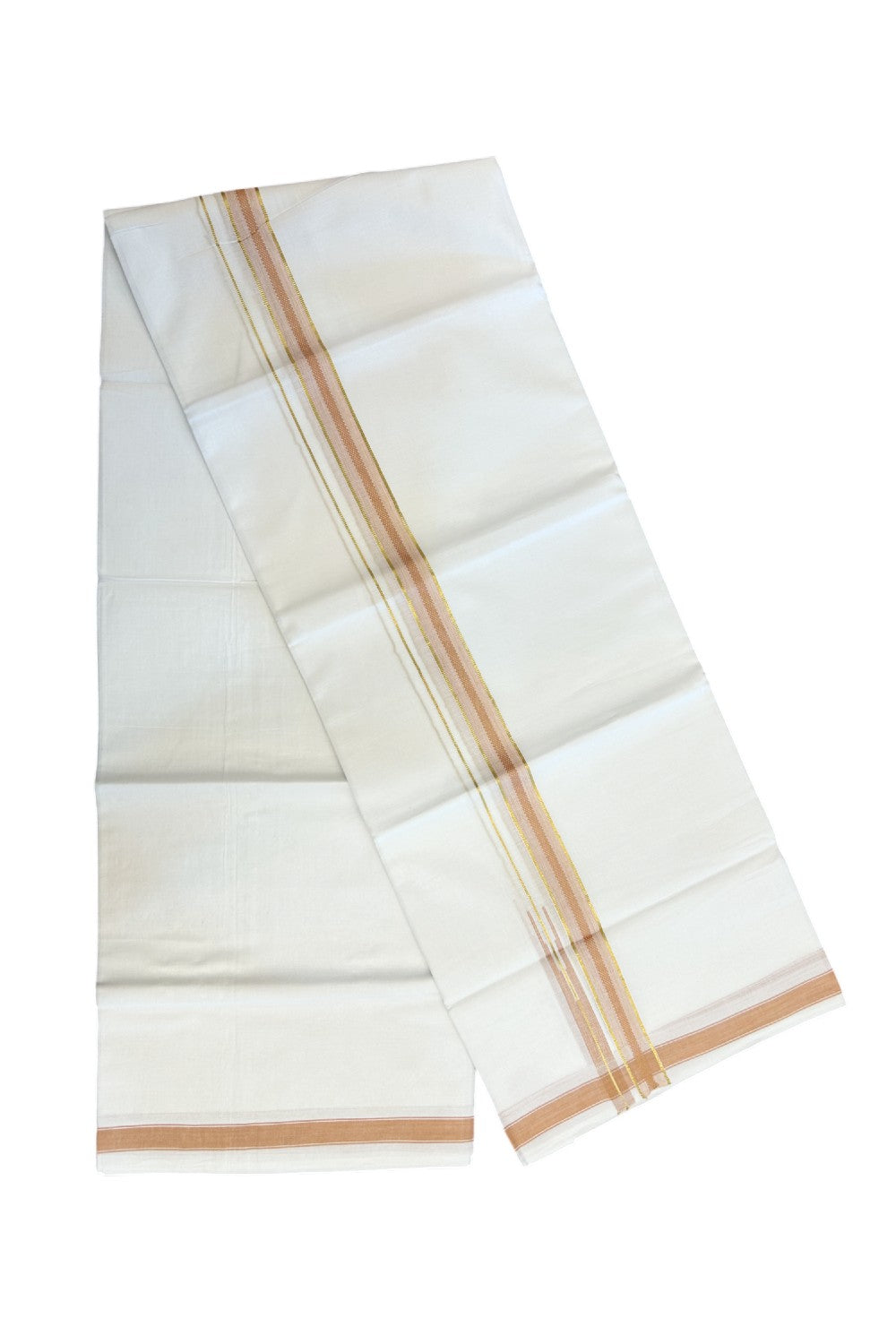 20% DISCOUNT!! Kaitharikada Balaramapuram 100% Pure Cotton PURE WHITE Double Mundu/Dothi - 100x80 - 0.75 Inch Pastel Orange & Gold Kasavu shaded Stripes Puliyilakkara Chutty - 46KK5217 CKS