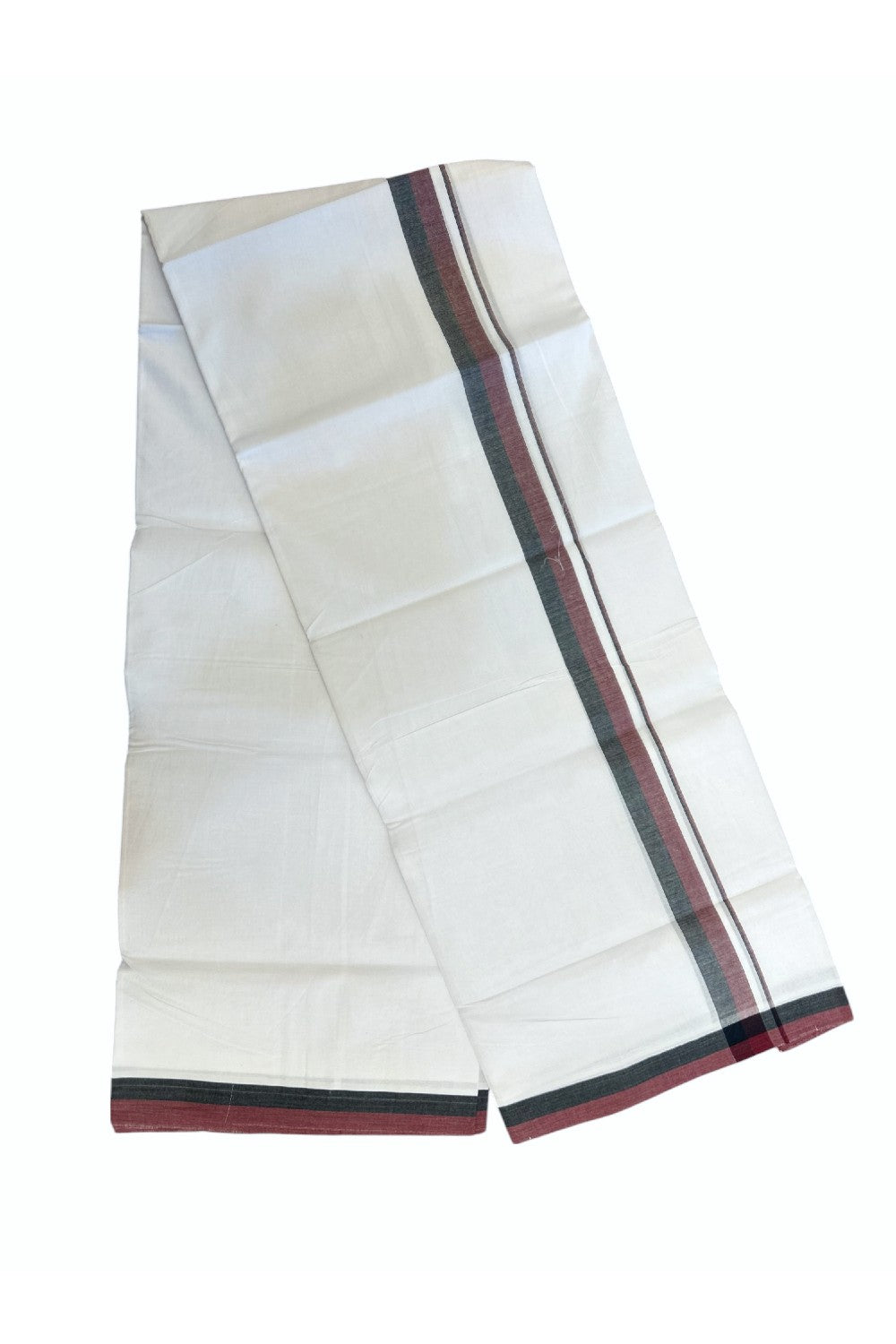 DMK Veshti - 19% DISCOUNT! KaithariKada 100% Cotton Pure white Double Mundu/Dhoti - 100X100 - 1 inch Black & Maroon Shaded kara 3.75 mtr (8 muzham) - 45KK5224 ASH
