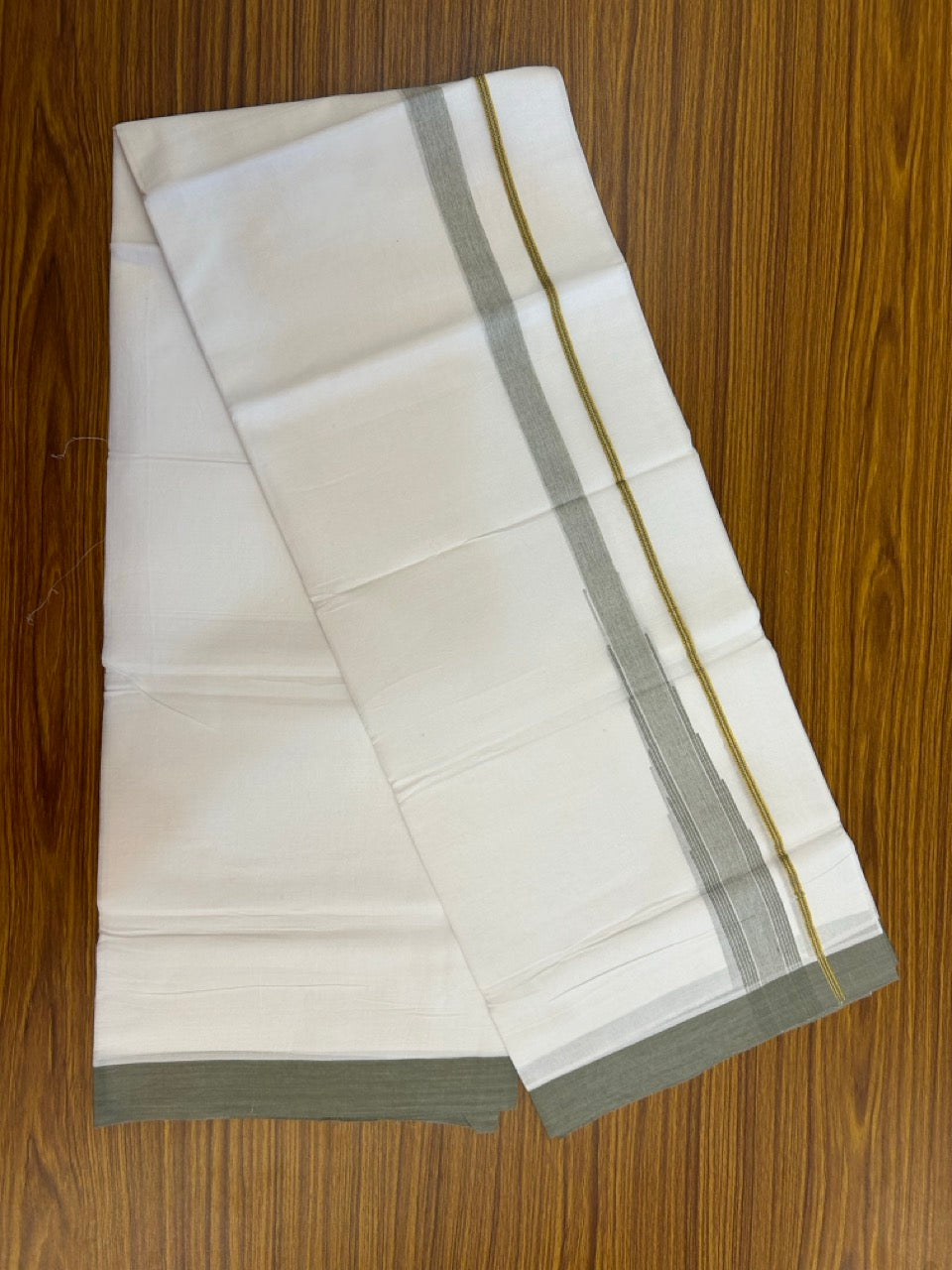 24% Discount! KaithariKada Balaramapuram 100% Cotton Pure white Double Mundu/Dhoti - (100x80)s - 1.5 inch Puliyilakkara Ash Green Stripes Chutty Gold Kasav - 46 KK5258 THI