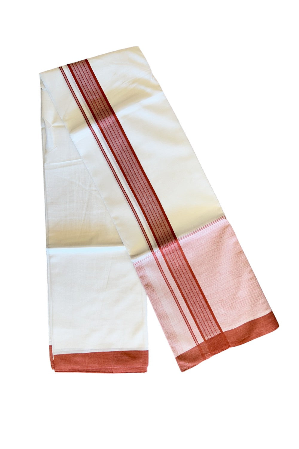 15% DISCOUNT!! Kaitharikada Balaramapuram 100% Cotton Ultra WHITE Double Mundu/Dothi-100x100   2.25 Inch BRICK RED SHADED Cotton Kara 3.75m (8 Muzham) - 46KK74RAM