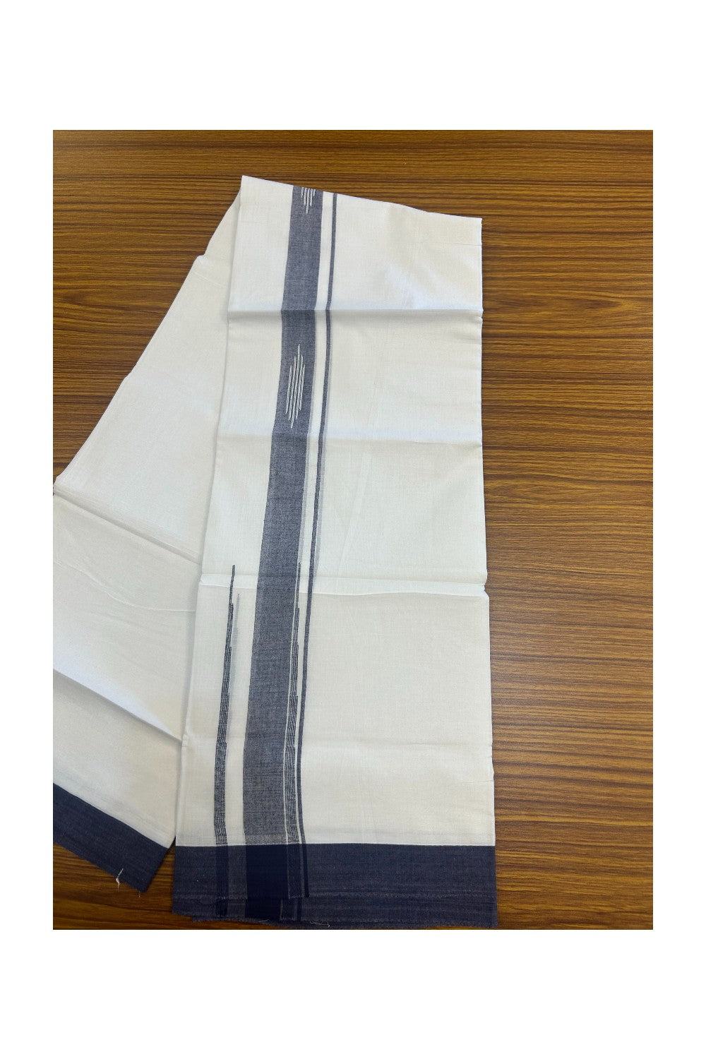 27% DISCOUNT!!! KaithariKada Balaramapuram 100% Cotton Double PURE white Mundu/Dhoti - 80X80 - 2.25 Inch Navy Blue shaded Centre stripes Putta Chutty kara - 46KK5074THI