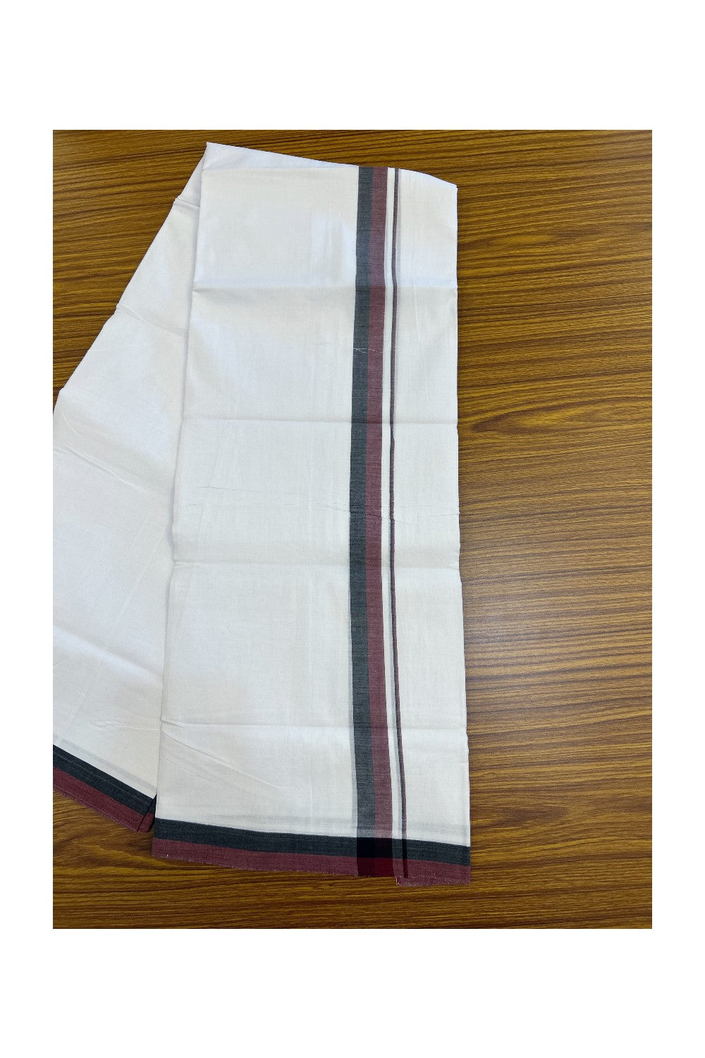 DMK Veshti - 19% DISCOUNT! KaithariKada 100% Cotton Pure white Double Mundu/Dhoti - 100X100 - 1 inch Black & Maroon Shaded kara 3.75 mtr (8 muzham) - 45KK5224 ASH