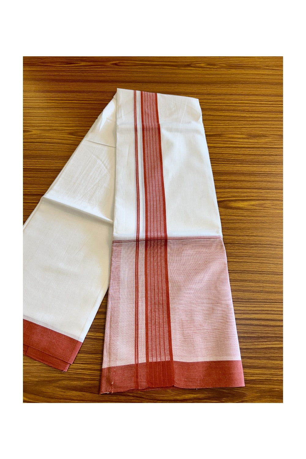 15% DISCOUNT!! Kaitharikada Balaramapuram 100% Cotton Ultra WHITE Double Mundu/Dothi-100x100   2.25 Inch BRICK RED SHADED Cotton Kara 3.75m (8 Muzham) - 46KK74RAM