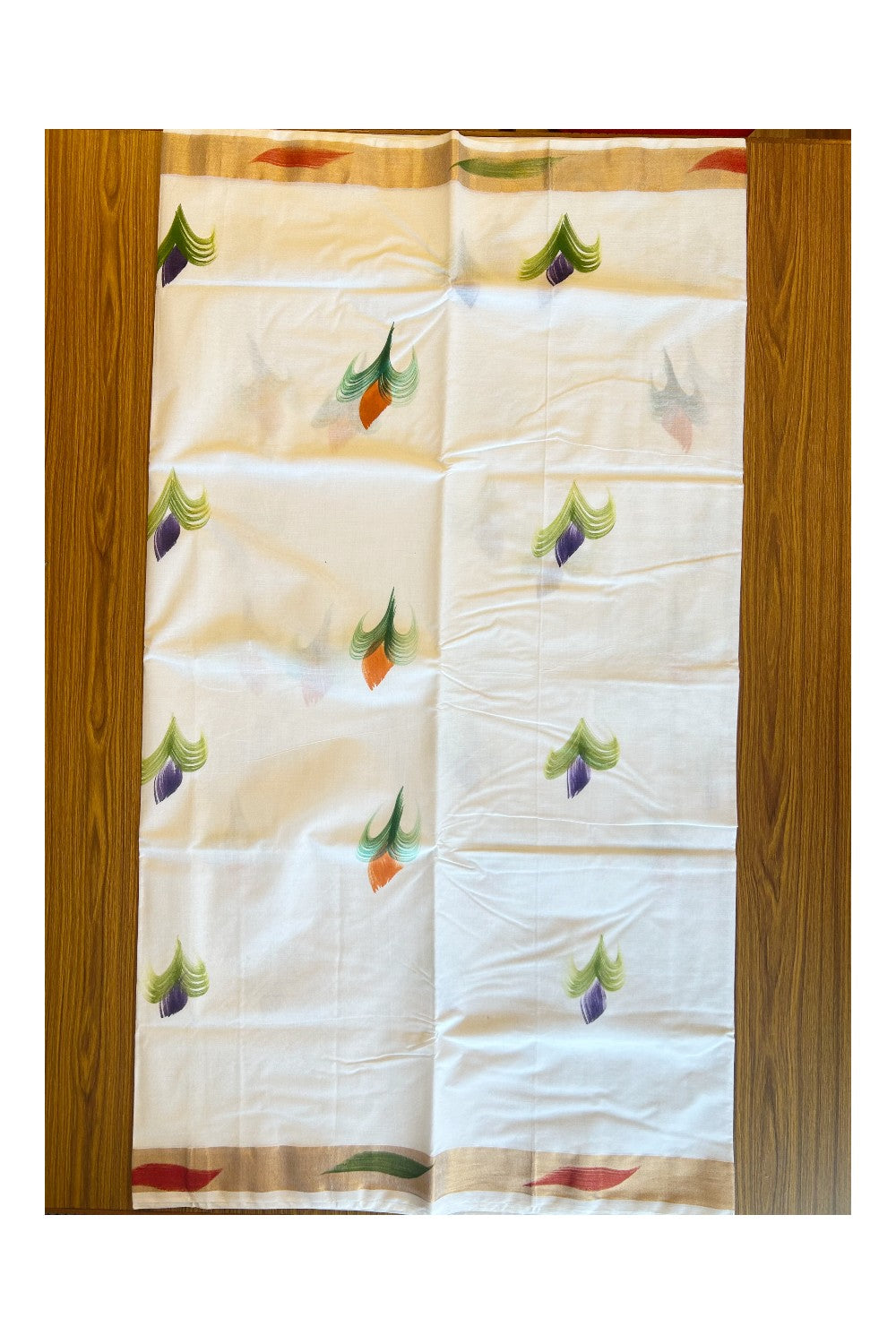 25% Discount!! Kaitharikada Kerala Cotton 12 inch Pallu & Copper Kasavu Flower Painted Design Saree - 46KK303VIN
