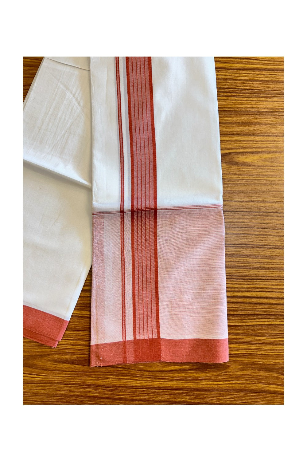 15% DISCOUNT!! Kaitharikada Balaramapuram 100% Cotton Ultra WHITE Double Mundu/Dothi-100x100   2.25 Inch BRICK RED SHADED Cotton Kara 3.75m (8 Muzham) - 46KK74RAM