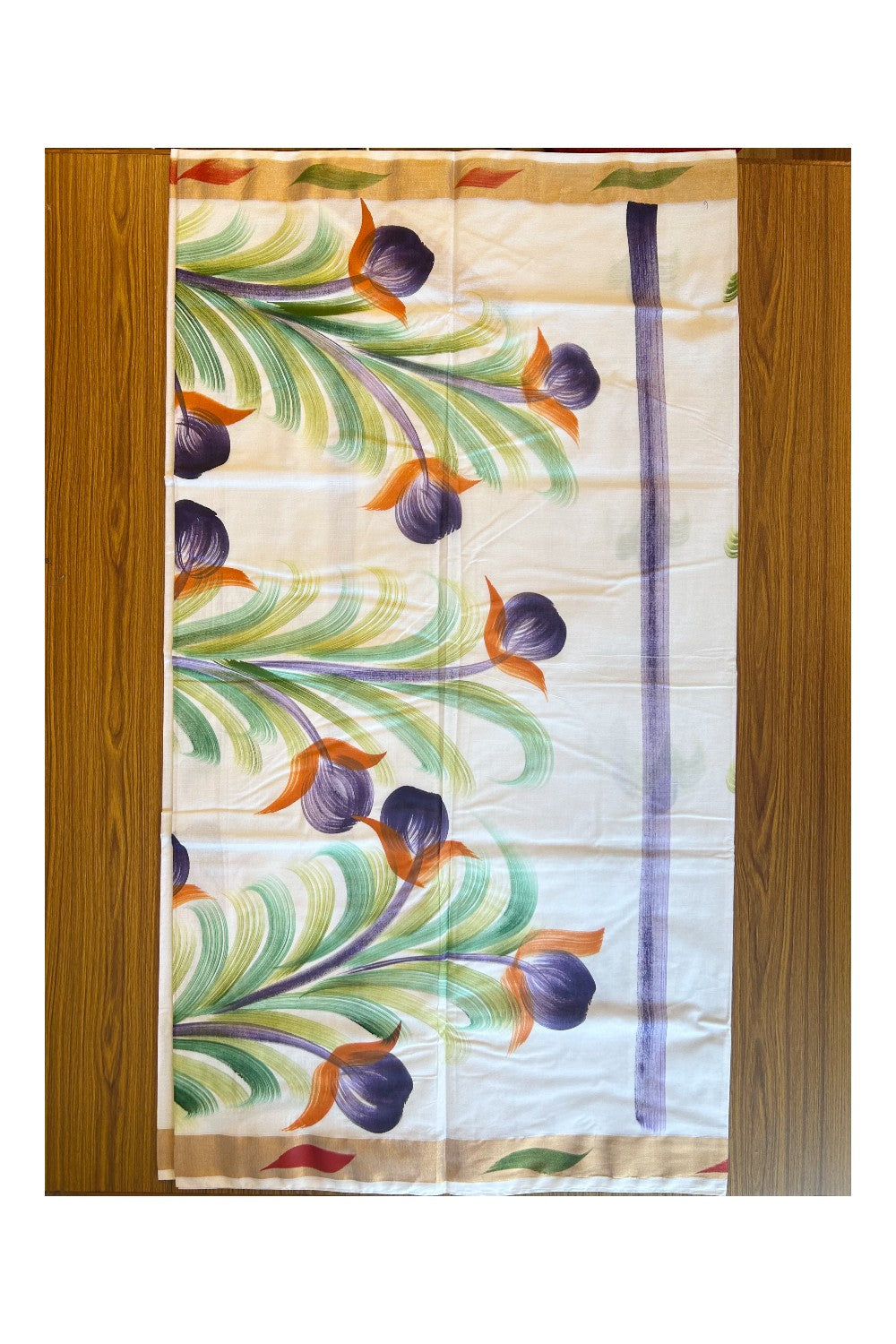 25% Discount!! Kaitharikada Kerala Cotton 12 inch Pallu & Copper Kasavu Flower Painted Design Saree - 46KK303VIN