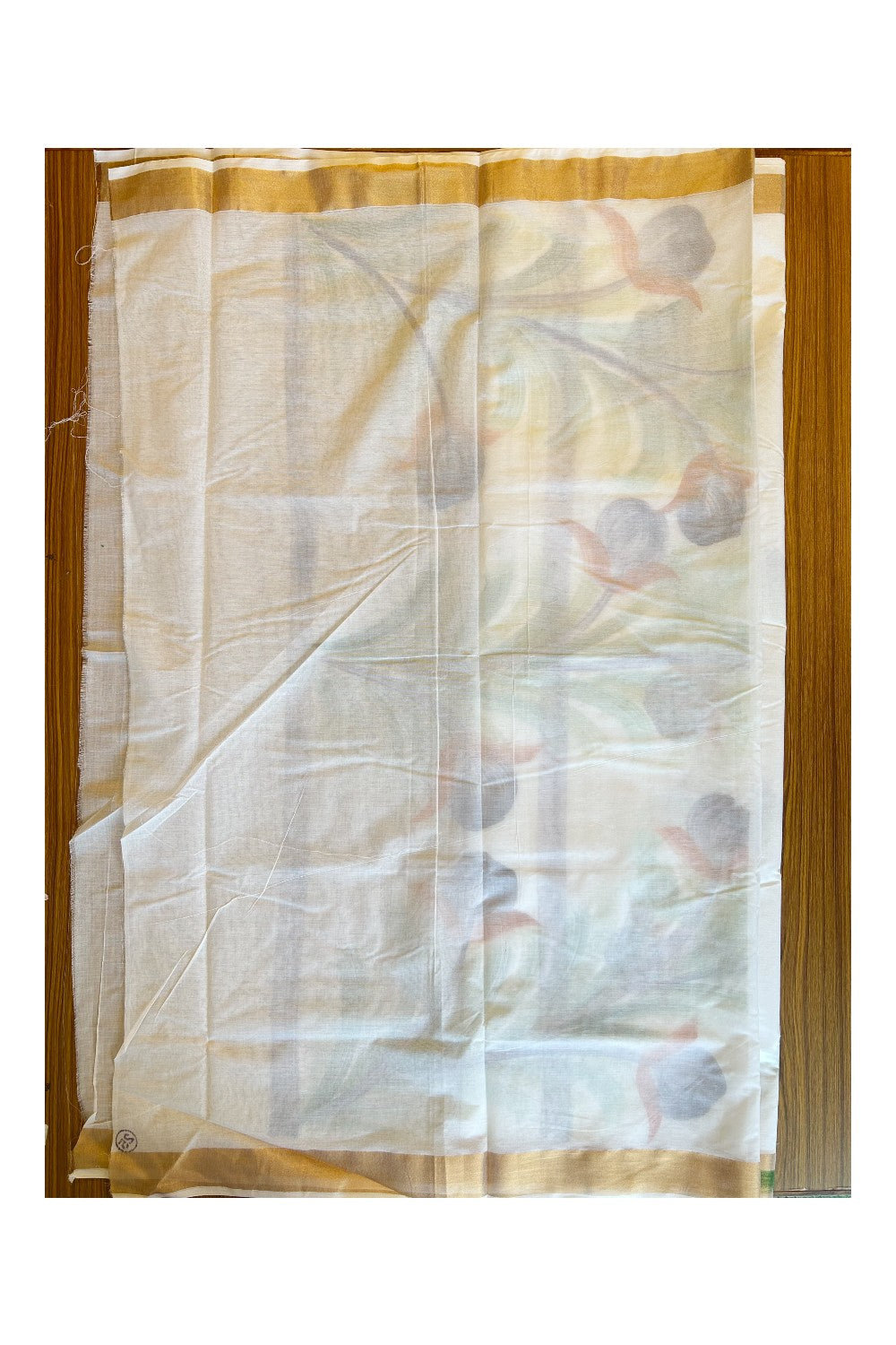 25% Discount!! Kaitharikada Kerala Cotton 12 inch Pallu & Copper Kasavu Flower Painted Design Saree - 46KK303VIN