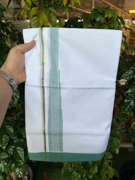 24% Discount! KaithariKada Balaramapuram 100% Cotton Pure white Double Mundu/Dhoti - (100x80)s - 1.5 inch Puliyilakkara Green Stripes Chutty Gold Kasav - 47 KK5258 THI