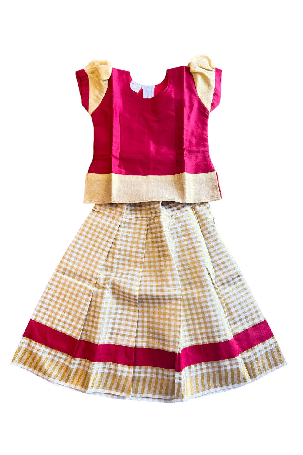 Midukki-Traditional South Indian Kids Pattu Pavada- Red top offwhite check skirt- Age 3 - KK3MID0047