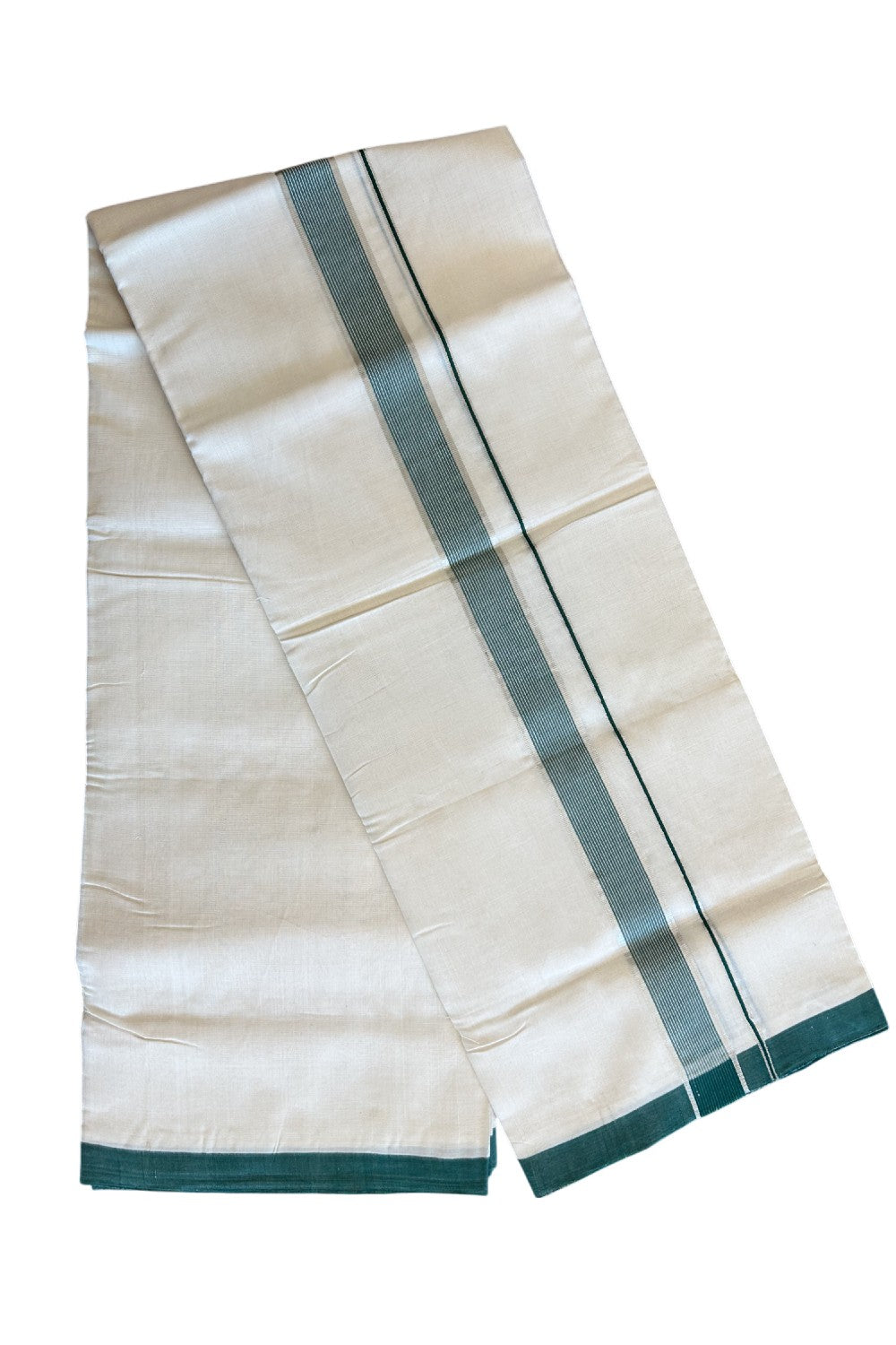 30% DISCOUNT!! KaithariKada HANDLOOM Unakkupaavu Balaramapuram - 100% PURE Cotton OFF White (Unbleached) Double Mundu/Dothi - Silver kasavu white striped green kara - 18KK203RAM