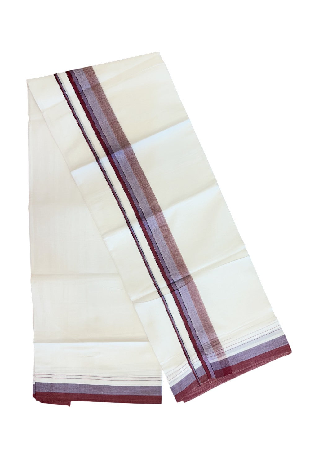 20% Discount ! Kaitharikada Balaramapuram 100% Cotton PURE WHITE Double Mundu/Dothi - 100x80 - 2 inch Purple & Lavender Shaded Striped Kara - 47KK5182VAS