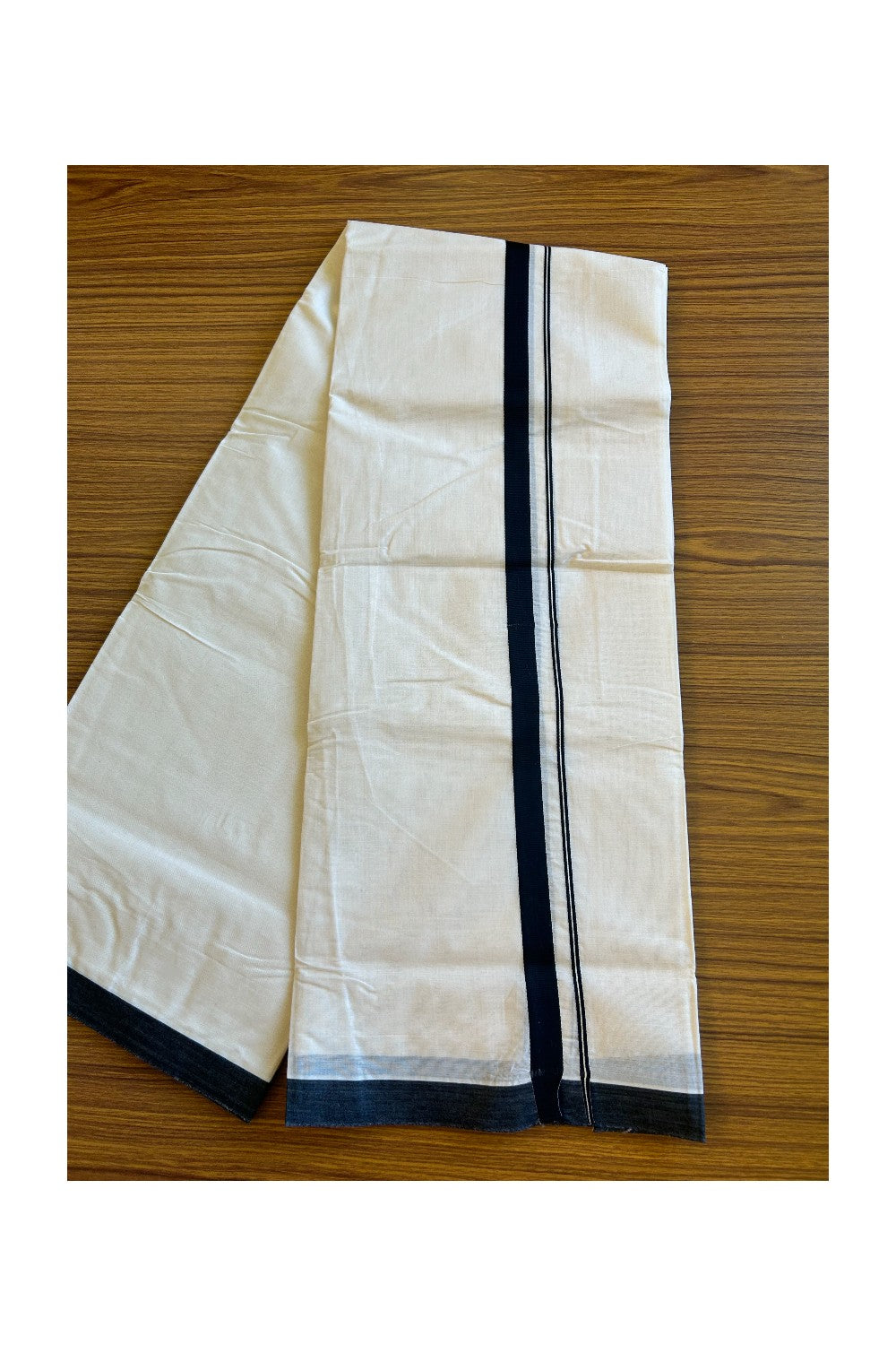 10% DISCOUNT! KaithariKada Balaramapuram 100% Cotton Double Off white - (Unbleached) Mundu/Dhoti- 100x100 1 inch Black Kara- 47KK500KK