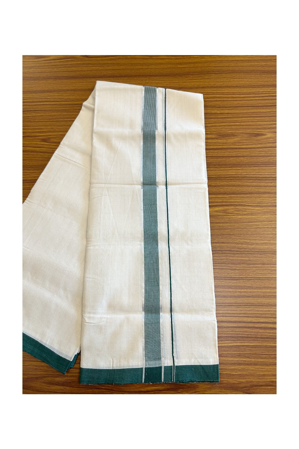30% DISCOUNT!! KaithariKada HANDLOOM Unakkupaavu Balaramapuram - 100% PURE Cotton OFF White (Unbleached) Double Mundu/Dothi - Silver kasavu white striped green kara - 18KK203RAM