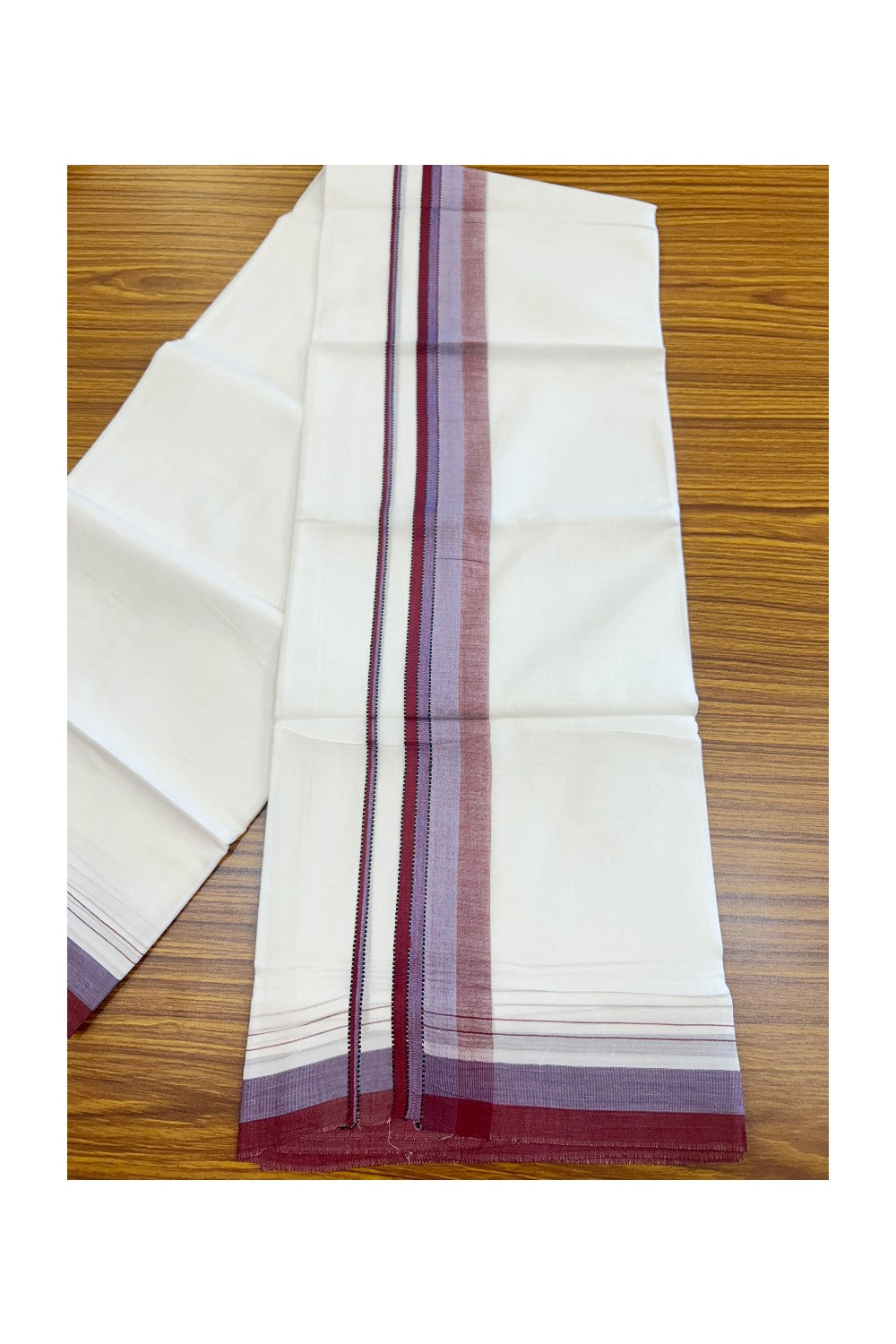 20% Discount ! Kaitharikada Balaramapuram 100% Cotton PURE WHITE Double Mundu/Dothi - 100x80 - 2 inch Purple & Lavender Shaded Striped Kara - 47KK5182VAS