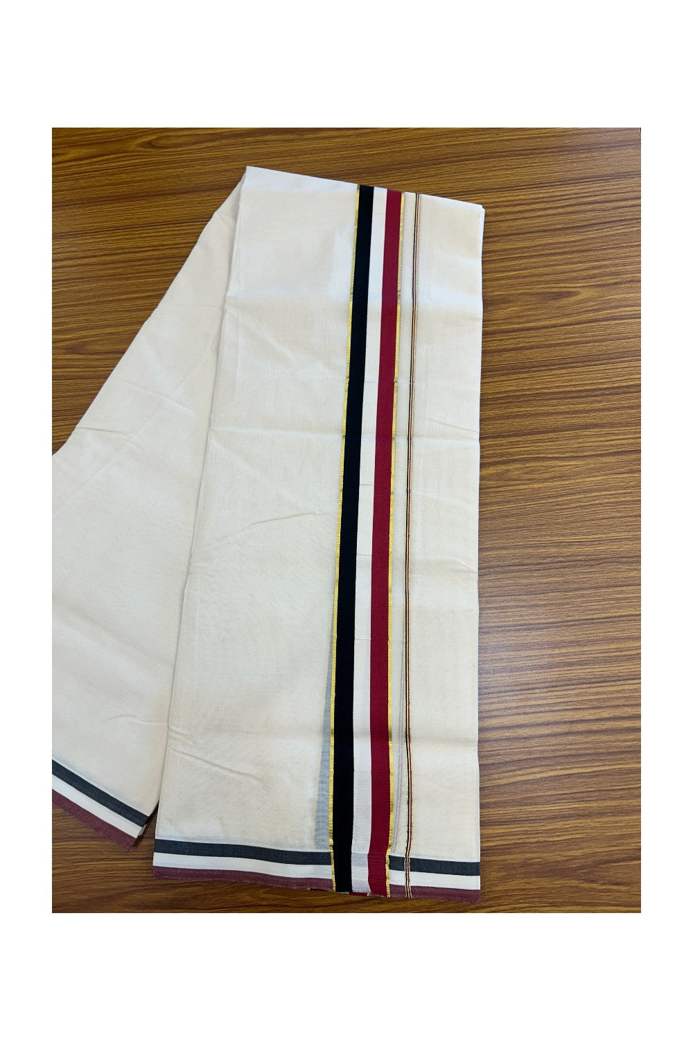 ADMK VESHTI - 20% DISCOUNT! KaithariKada 100% Cotton off white Double - (Unbleached) Mundu/Dhoti - 100X100 - 2 inch Gold Kasavu & Black White Maroon kara - 47KK5218ASH