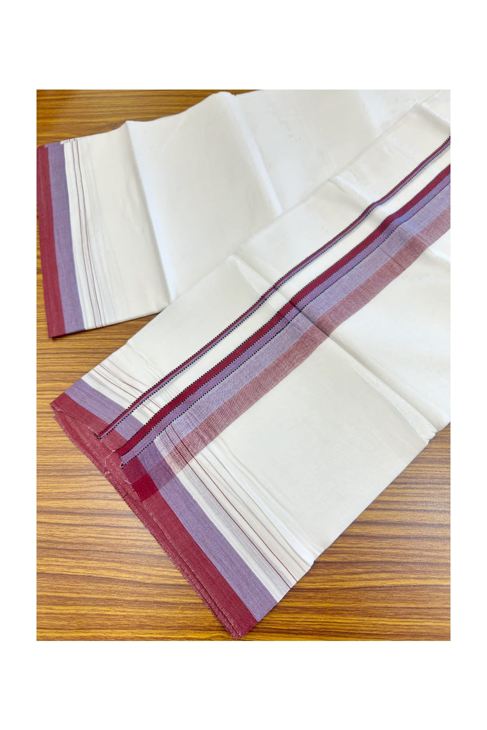 20% Discount ! Kaitharikada Balaramapuram 100% Cotton PURE WHITE Double Mundu/Dothi - 100x80 - 2 inch Purple & Lavender Shaded Striped Kara - 47KK5182VAS