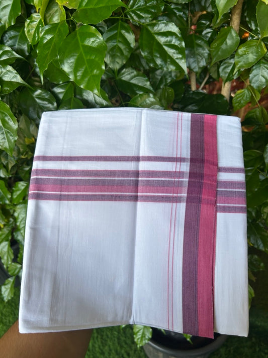 20% Discount ! NEW! KaithariKada Balaramapuram 100% Cotton Pure white Double Mundu/Dhoti - (100x80)s - 1.5 inch Purple Violet Stripes Kara - 48 KK5249 VIN