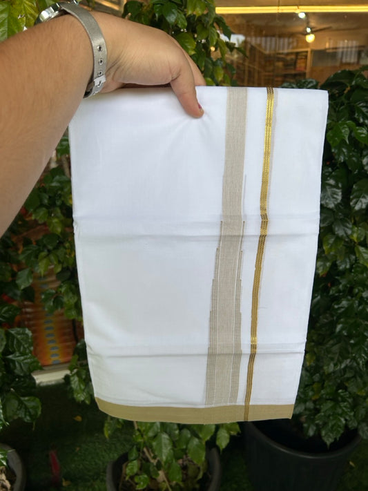 24% Discount! KaithariKada Balaramapuram 100% Cotton Pure white Double Mundu/Dhoti - (100x80)s - 1.5 inch Puliyilakkara Mellow Yellow Green Stripes Chutty Gold Kasav - 48 KK5258 THI