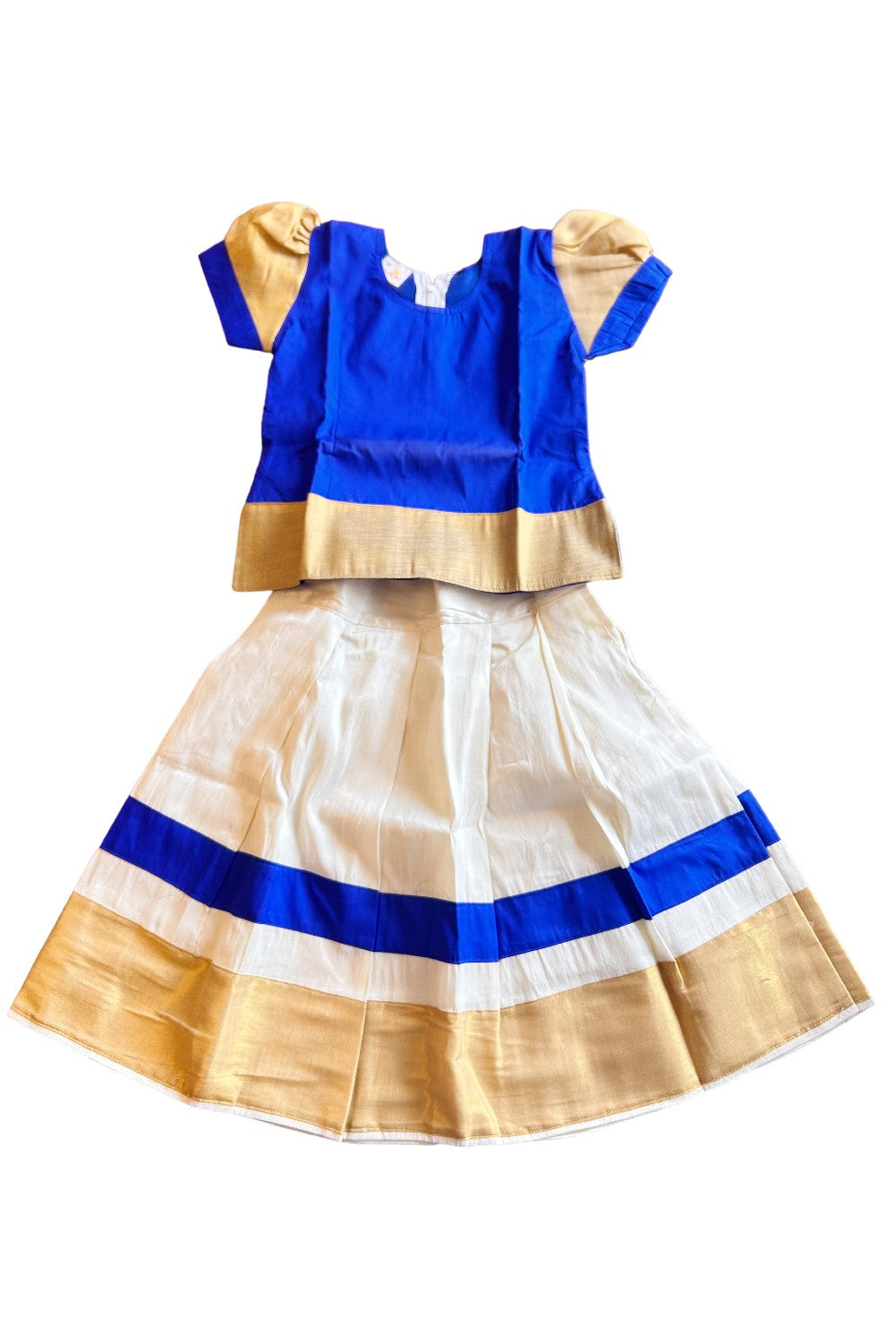 Midukki-Traditional South Indian Kids Pattu Pavada- Blue top offwhite skirt with kasavu- Age 3 - KK3MID0048