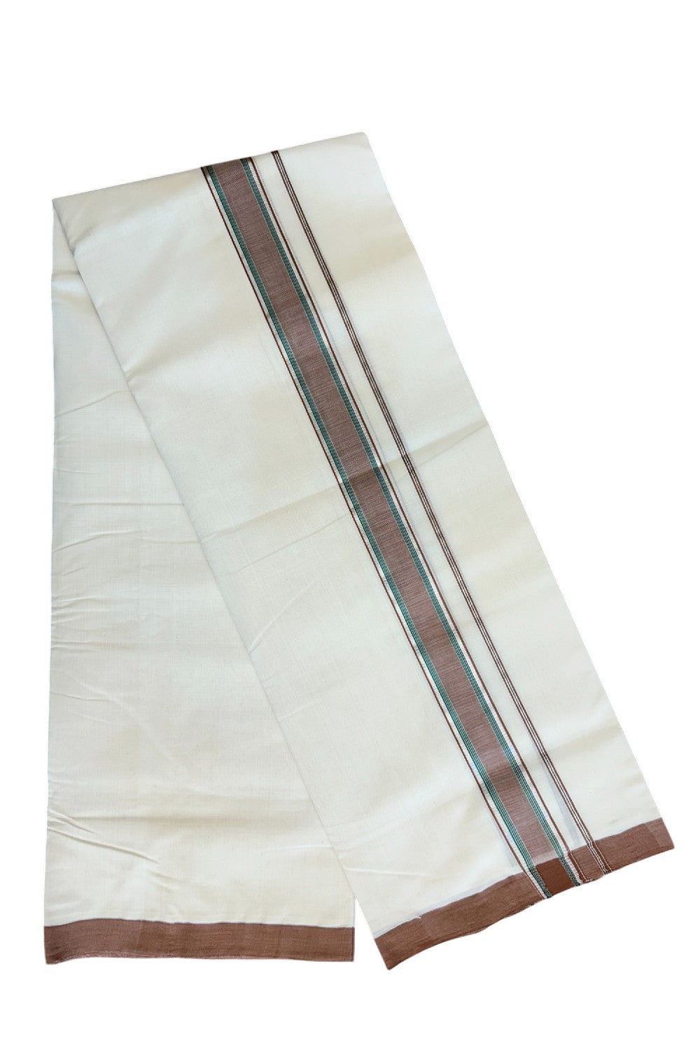 25% DISCOUNT!! KaithariKada HANDLOOM Millpaav Balaramapuram - 100% PURE Cotton OFF White Double - (Unbleached) Mundu/Dothi - 2.5 inch BROWN & GREEN SILVER KASAVU Stripes Kara - 48KK5029RAM