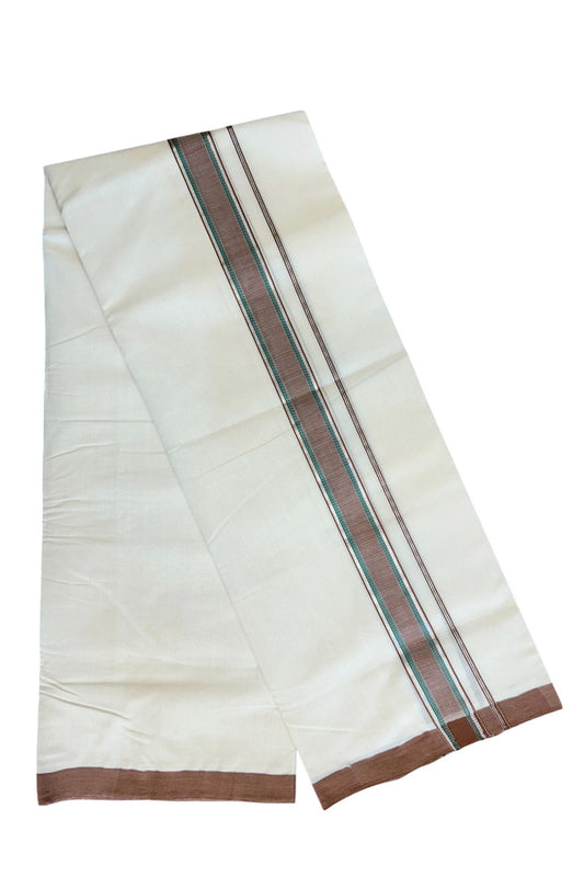 25% DISCOUNT!! KaithariKada HANDLOOM Millpaav Balaramapuram - 100% PURE Cotton OFF White Double - (Unbleached) Mundu/Dothi - 2.5 inch BROWN & GREEN SILVER KASAVU Stripes Kara - 48KK5029RAM