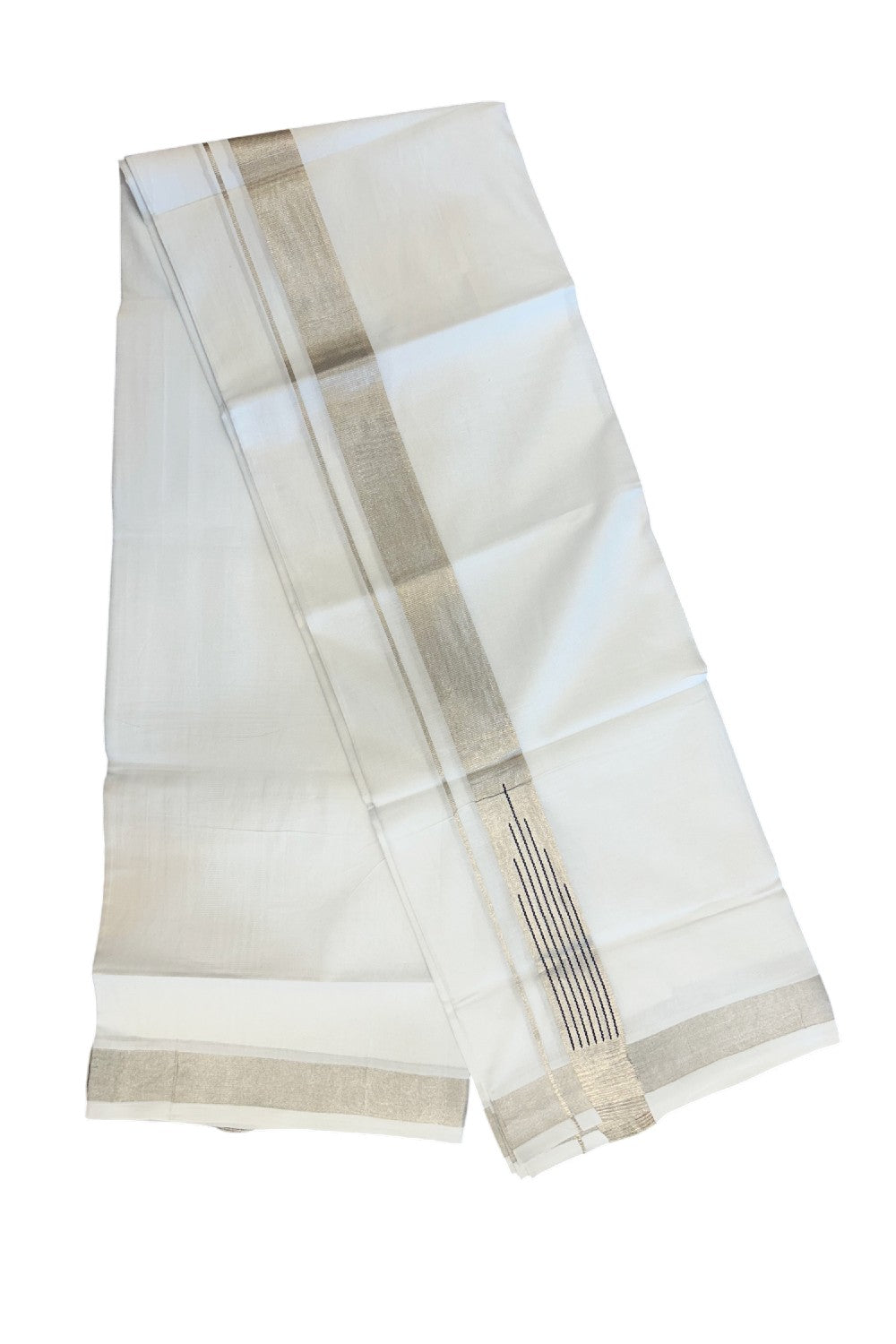 20% DISCOUNT! KaithariKada Balaramapuram 100% Cotton Double PURE WHITE Mundu/Dhoti - 100x80 - 1.5 inch Silver Kasavu Black striped temple chutty kara - 49KK5174THI