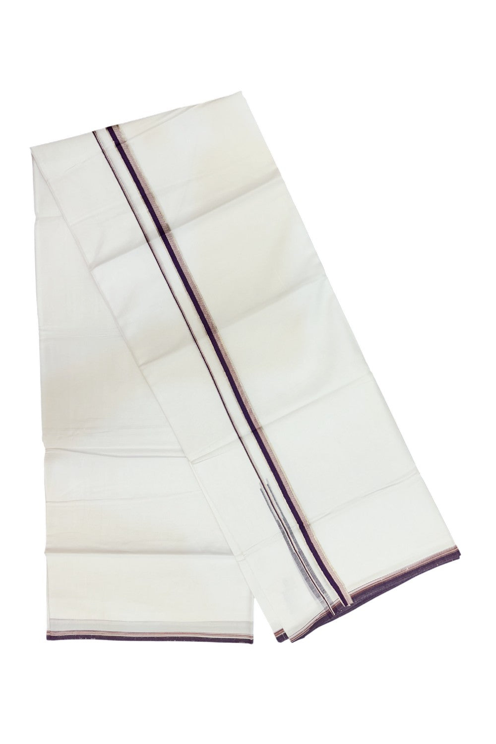 20% Discount !! Kaitharikada Balaramapuram 100% Cotton PURE WHITE DOUBLE Mundu/Dothi- 100X80 Thread - 0.5 inch - Silver Kasavu Purple & Red Design Chutty Kara - 48KK5191CKS