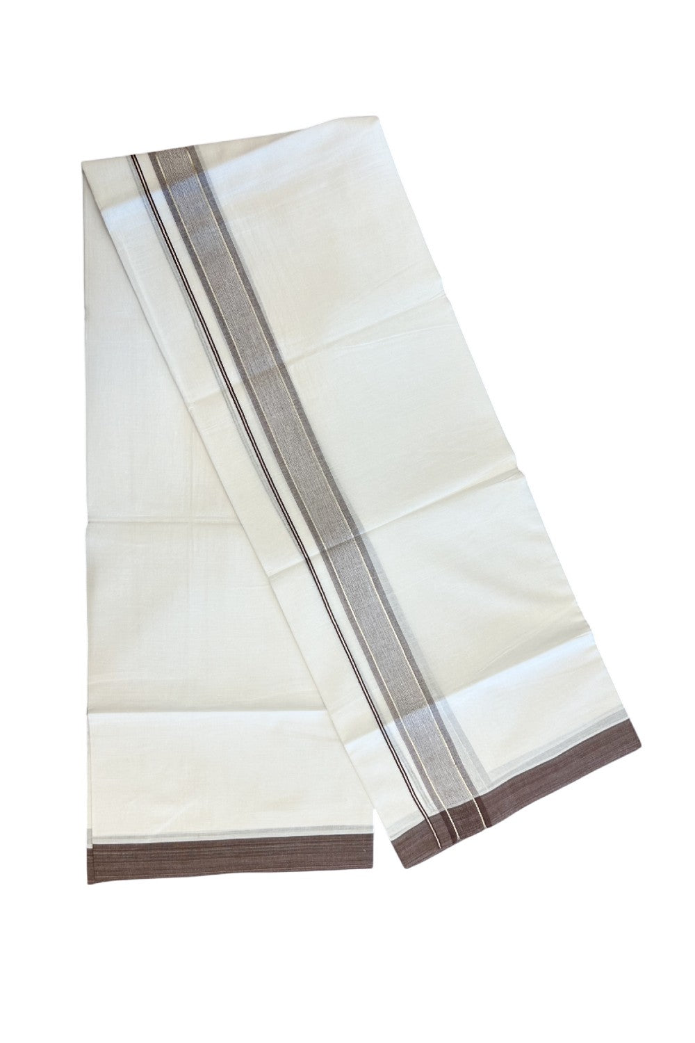 20% DISCOUNT! KaithariKada Balaramapuram 100% Cotton Double Pure white Mundu/Dhoti- 60s - 1.5 inch Silver Kasavu & Brown Shaded Kara - 3.88mtr ( 8 muzham) - 48KK5227 PMC