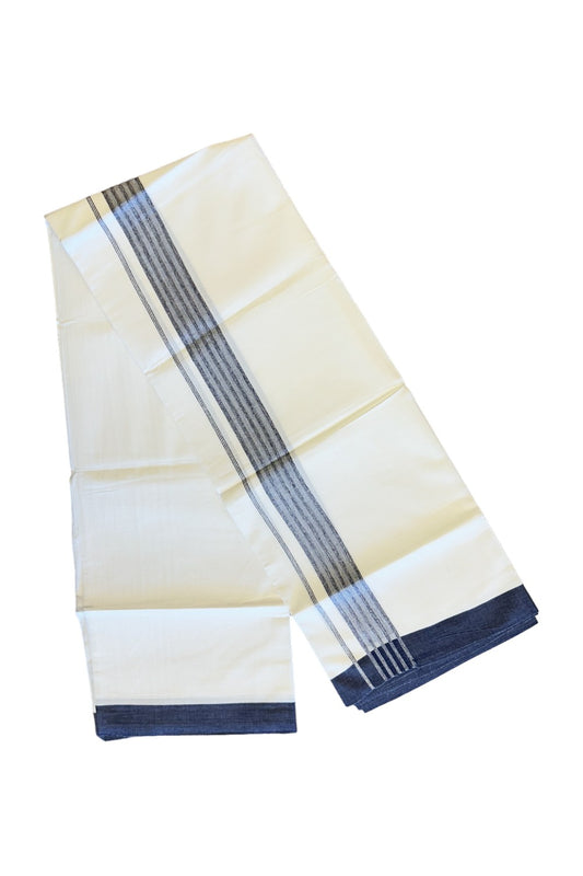 21% DISCOUNT!! Kaitharikada Balaramapuram 100% Cotton PURE WHITE Double Mundu/Dothi-100x80 NAVY BLUE Striped Cotton Kara - 48KK73VAS